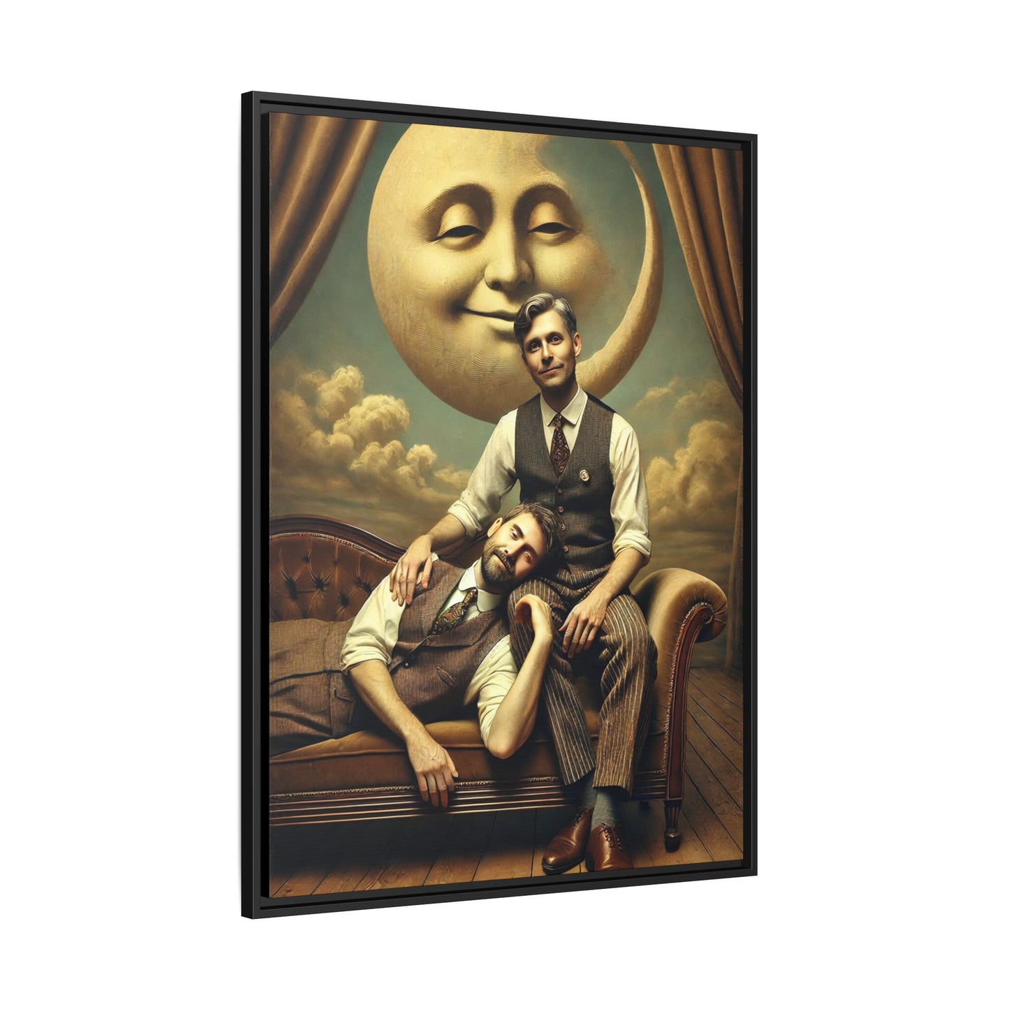 Vintage-style artwork of two men in 1920s clothing sitting close, one resting his head on the other’s lap beneath a smiling moon. Surrounded by theatrical curtains and clouds, this original piece honors lost queer love and challenges historical erasure with tenderness and pride.