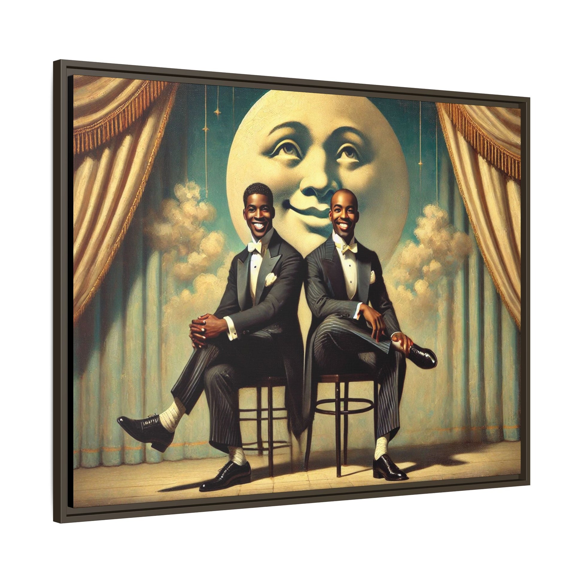 Framed vintage-style portrait of two Black men in tuxedos seated under a smiling crescent moon prop with golden curtains and cloud backdrop. This restored matte canvas honors lost LGBTQ history and reclaims early 20th-century queer representation with pride.