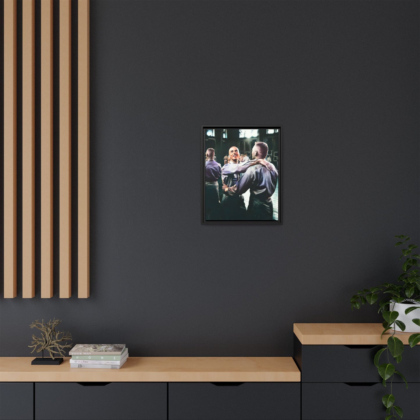 Restored mid-20th century photo of two men dancing at a USO event in Fort Belvoir, celebrating LGBTQ+ love and resilience, framed as wall décor Gay Couple