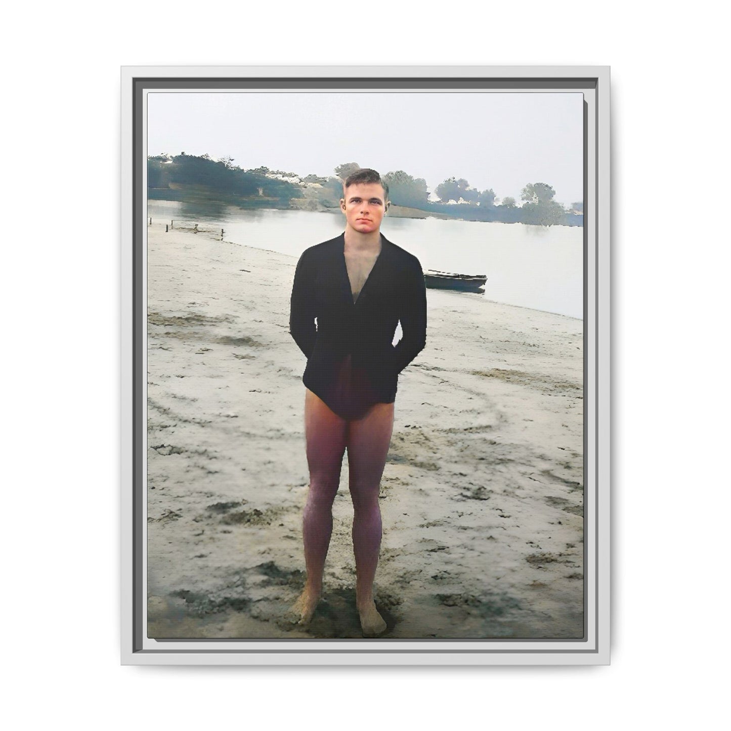 A framed vintage lake portrait on matte canvas featuring Ben at Lake Chicot, Arkansas, capturing solitude, nature, and timeless reflection.