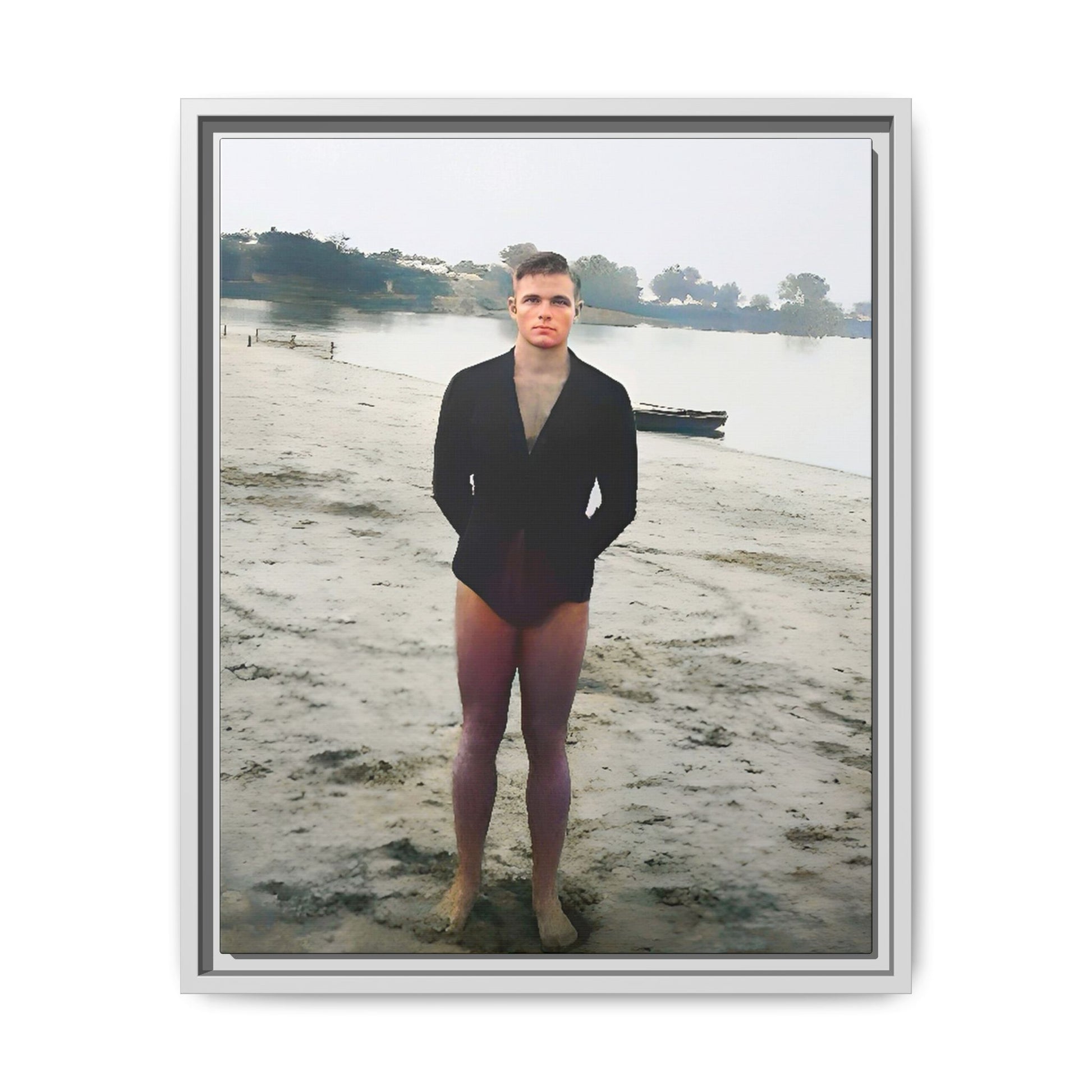 A framed vintage lake portrait on matte canvas featuring Ben at Lake Chicot, Arkansas, capturing solitude, nature, and timeless reflection.