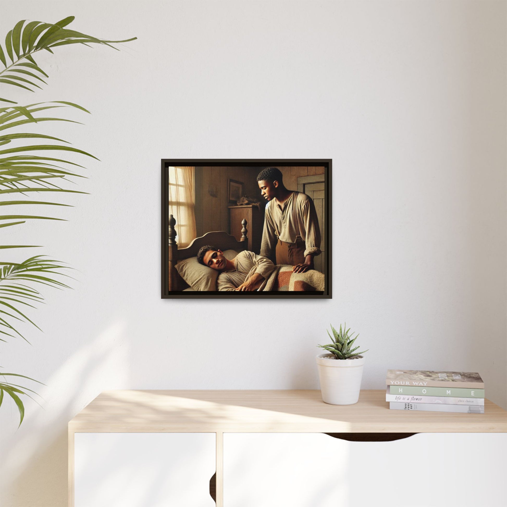 Grant 007 artwork depicting an African-American queer couple in a tender, intimate moment within a rustic bedroom. This scene, bathed in warm, nostalgic light, captures the love and quiet resilience of rural life, celebrating LGBTQ+ representation and African-American heritage.