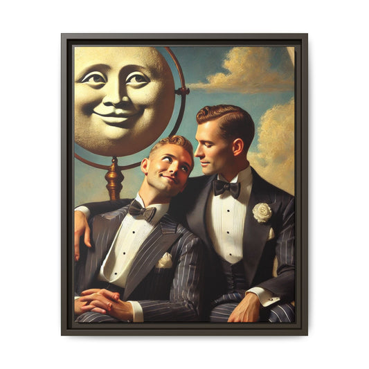 Framed matte canvas portrait featuring two young men in vintage overalls with a crescent moon prop above them. This artwork from the Missing Art Studies series reclaims LGBTQ+ imagery that may have been lost to bias, presenting warmth, intimacy, and presence.