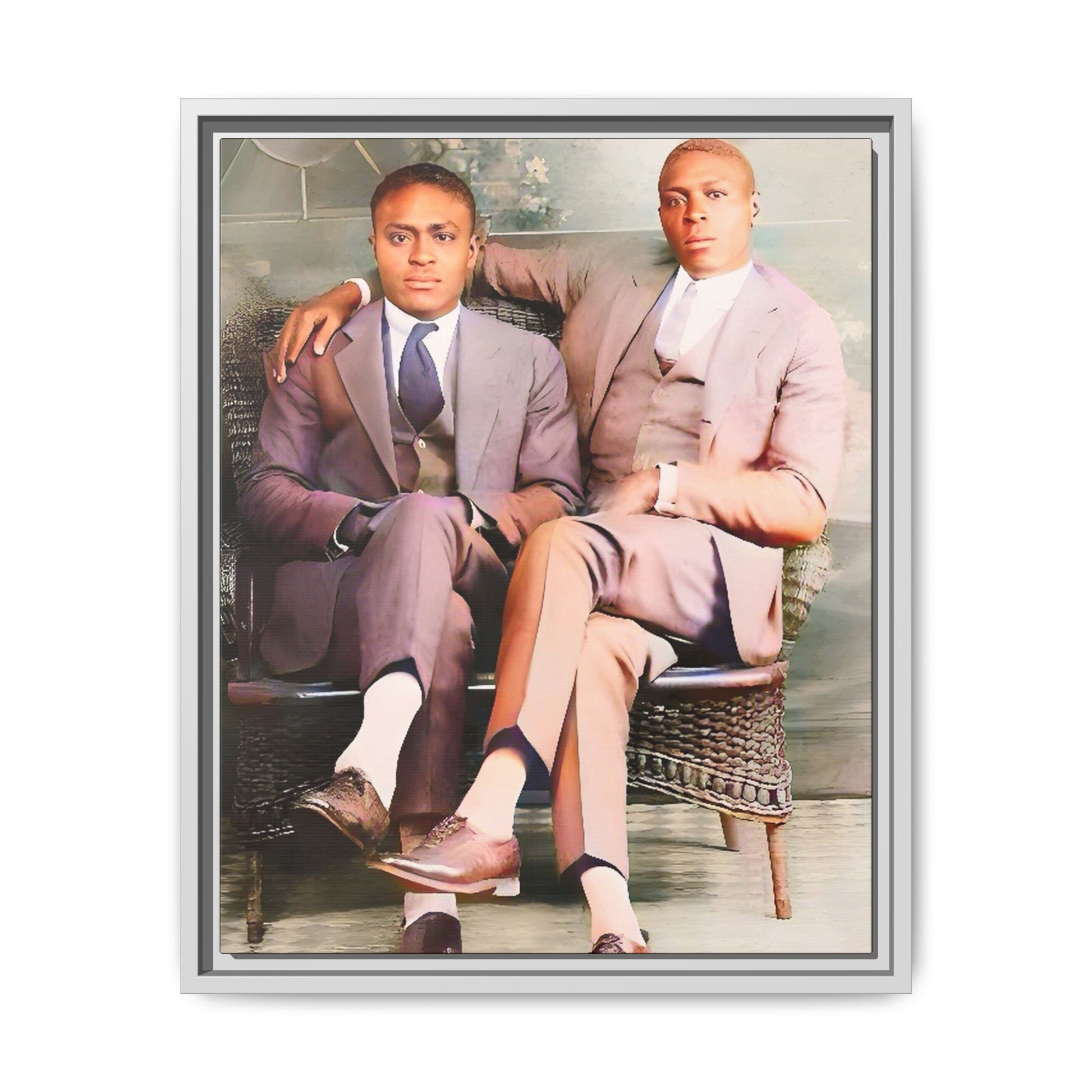 Restored vintage portrait of Walter & George, an African American gay couple seated in Birmingham AL, framed canvas art. Gay Juneteenth Black Love History Month