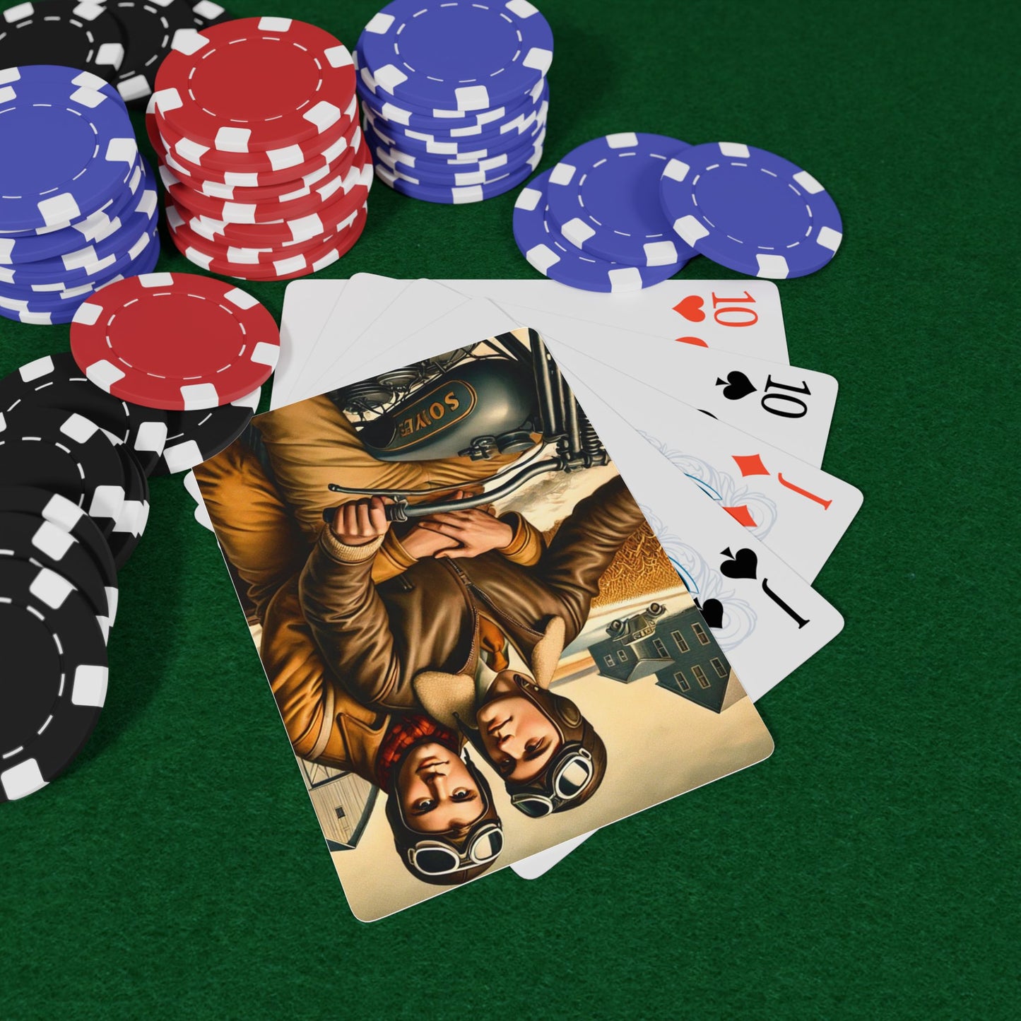 Grant Wood Tribute Poker Cards featuring two aviator-clad men on a vintage motorcycle, symbolizing hidden queer love in Americana
