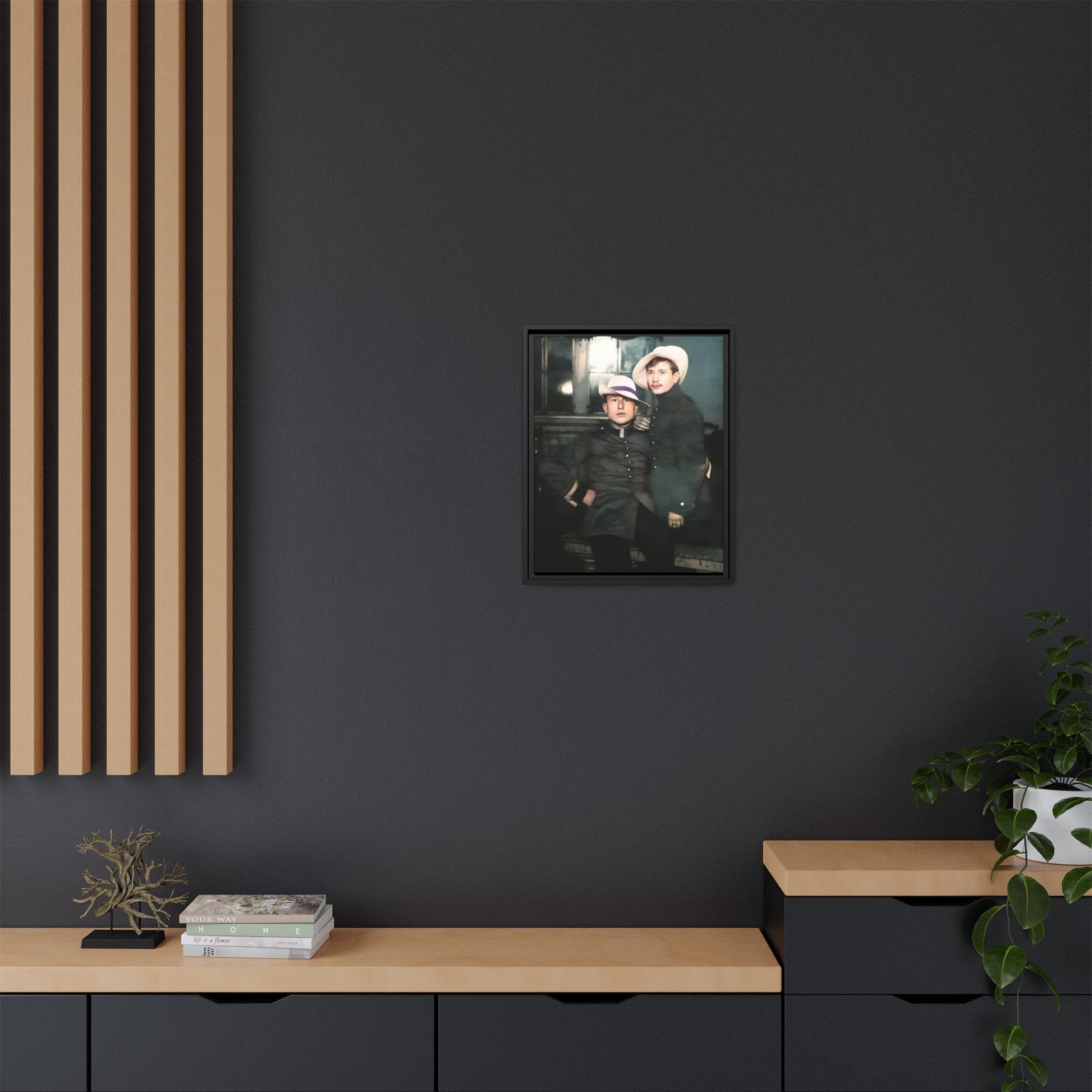 Restored vintage photograph of Flavio and Eustolio, an early 20th-century Gay military couple from El Paso, Texas. Displayed as a framed matte canvas print, showcasing timeless love and resilience