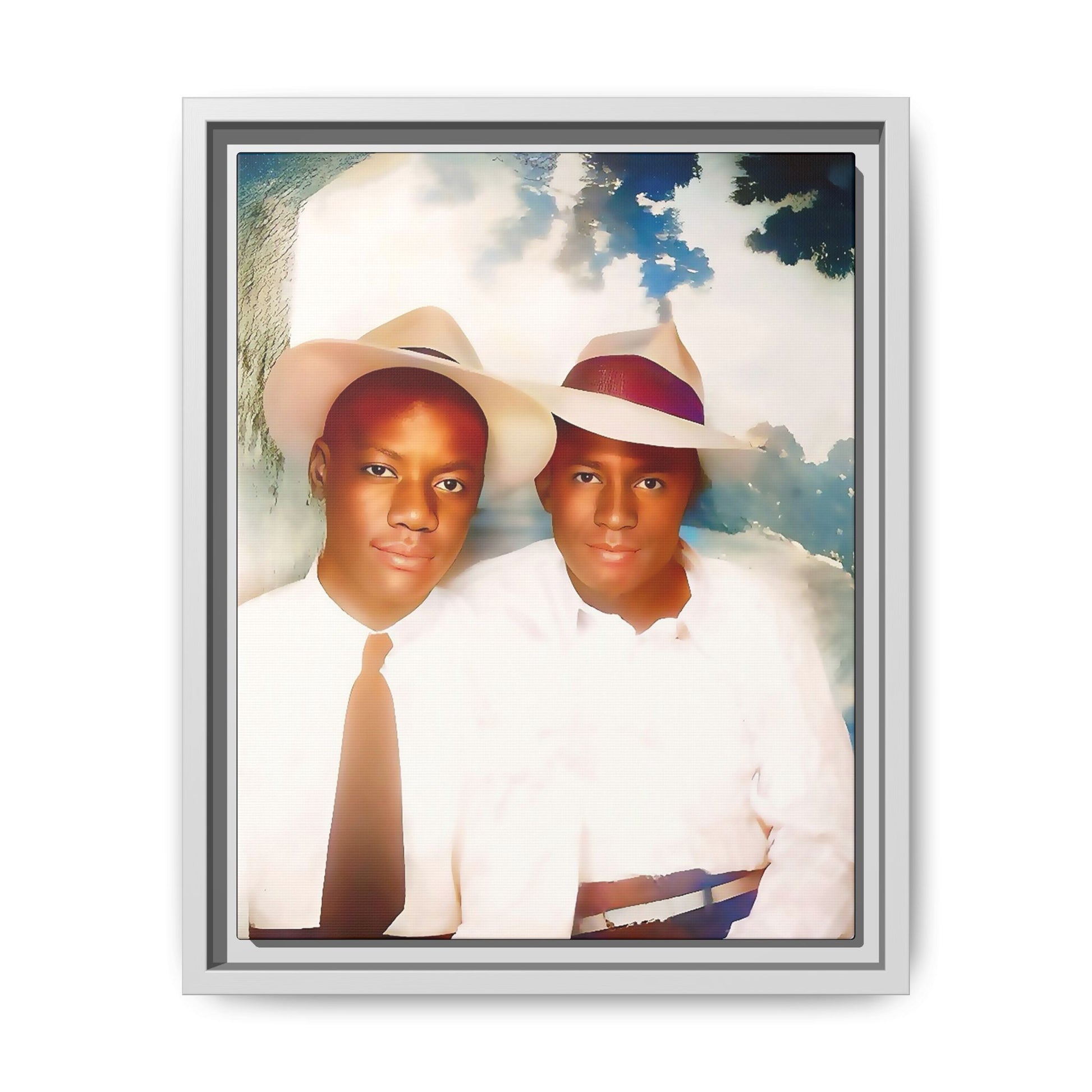 A restored vintage portrait of Bryson & Damien in Taylor, Mississippi. This framed matte canvas celebrates LGBTQ+ history, Southern charm, and timeless love. African American Gay Couple
