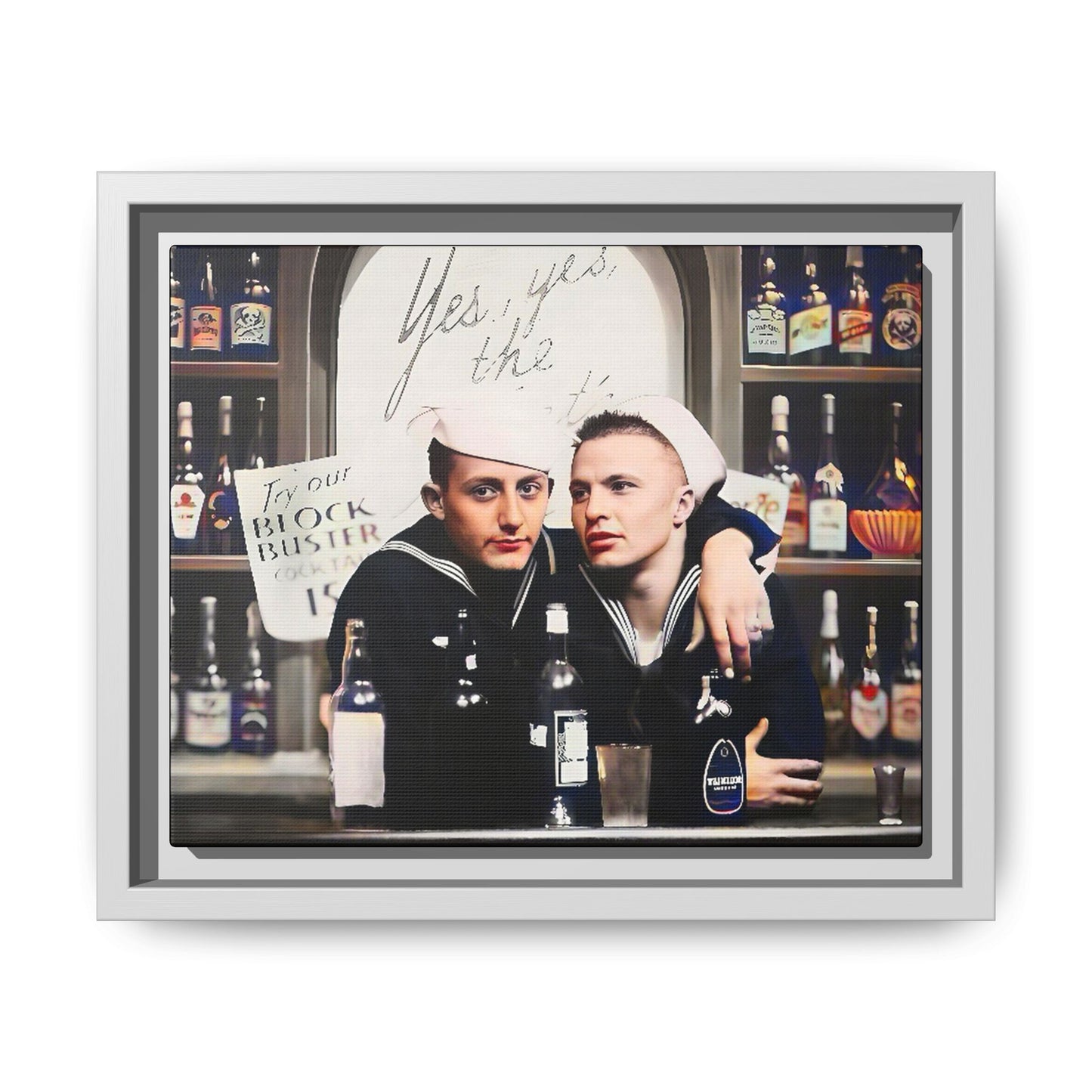 A restored vintage photo of Matt & Cory at Naval Air Station Alameda, CA. This framed matte canvas print captures camaraderie, LGBTQ+ history, and the spirit of military service, making it a unique and nostalgic keepsake for history lovers. Gay Couple Sailors