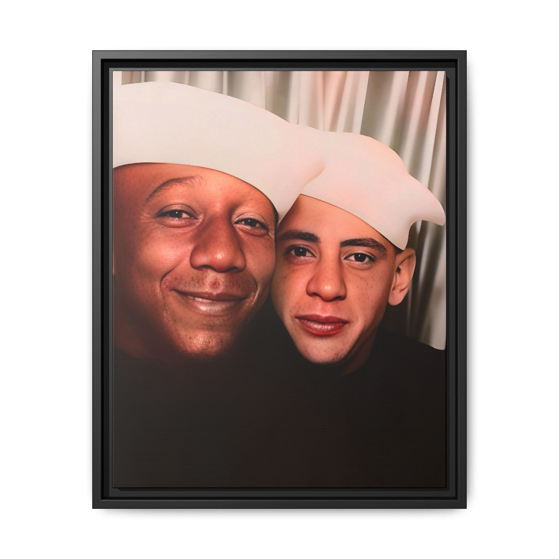 Restored vintage photo of Arthur & Marvin, WWII-era gay sailors in a photo booth, Daytona Beach FL, framed canvas art.