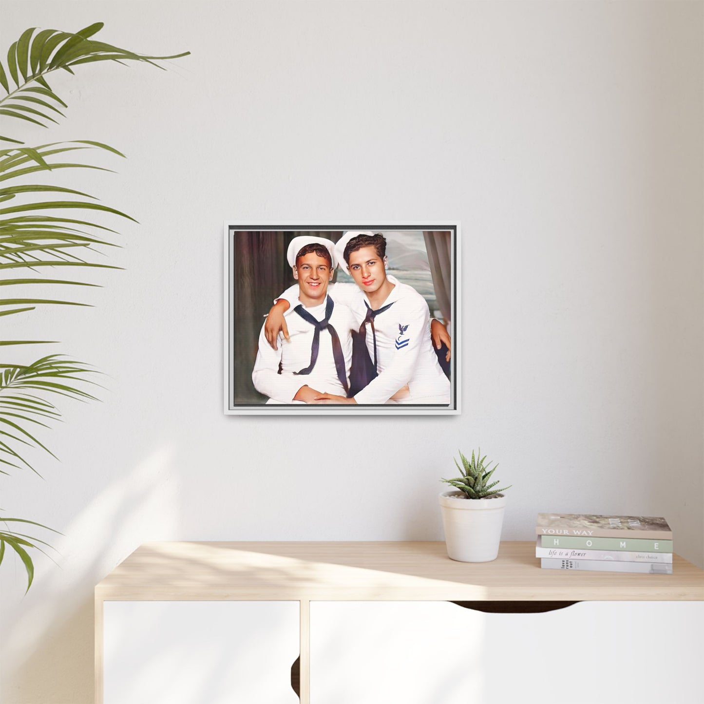 A restored vintage Navy portrait of Kenny and William at Fort Lee, Virginia. This framed matte canvas print honors military camaraderie, resilience, and LGBTQ+ history with a timeless tribute to friendship and love. Gay Couple Sailors Navy