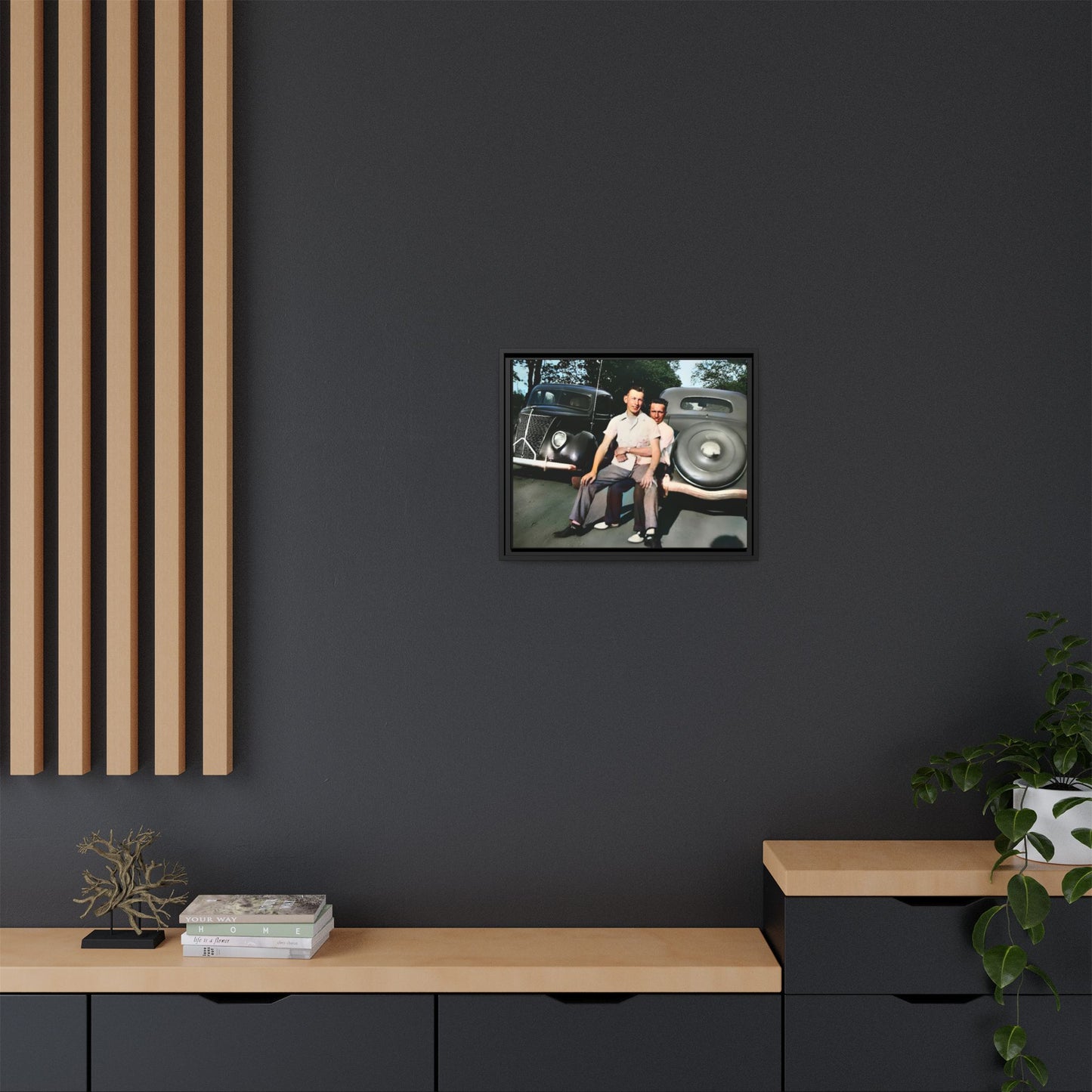 Restored vintage photograph of Andrew and Eugene seated on a classic car bumper in 1930s Lincoln, Nebraska. Framed matte canvas print celebrating LGBTQ+ history, love, and timeless companionship. Gay Couple