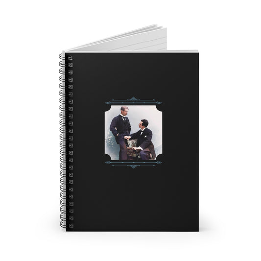 Colorized vintage photo of a Victorian gay couple in formalwear, featured on a black notebook with elegant blue framing