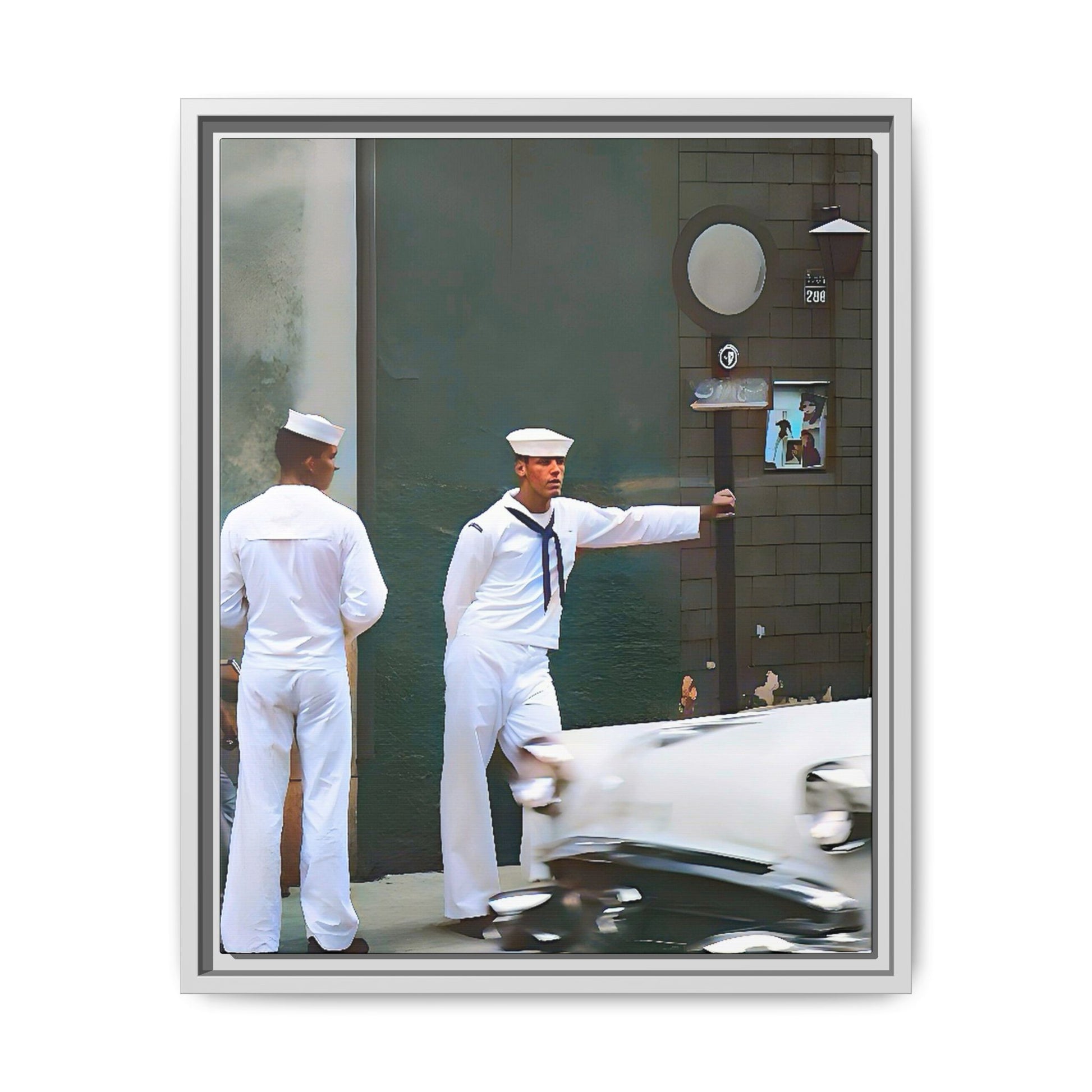 A restored vintage portrait of two sailors in Boystown, Northalsted, Chicago. This framed matte canvas celebrates LGBTQ+ history, urban charm, and community pride.