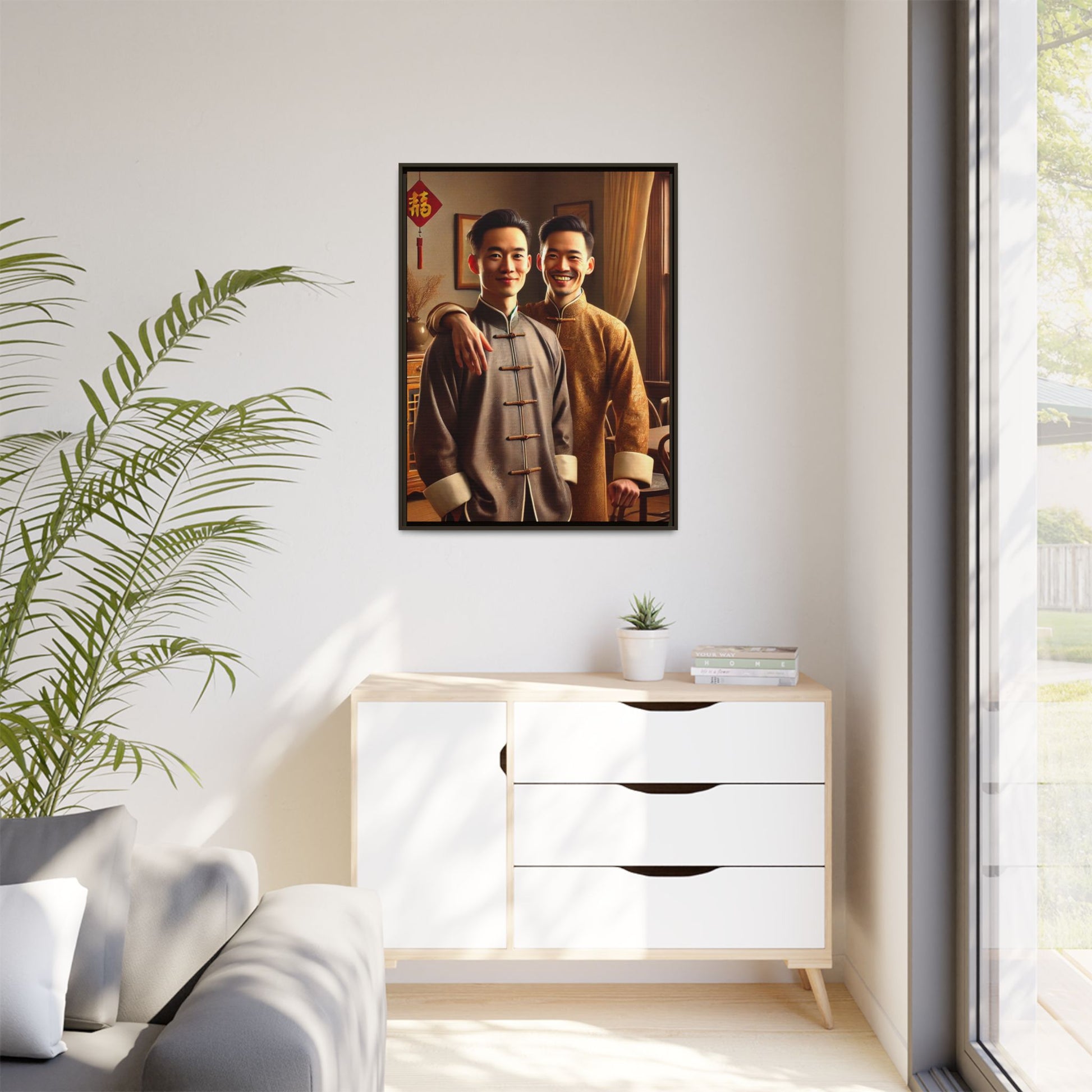 Artwork featuring a joyful portrait of a Chinese queer couple celebrating Chinese New Year in traditional attire. Set in a cozy American home adorned with subtle decorations, this image captures love, cultural pride, and warmth, blending Chinese heritage with a Midwestern setting