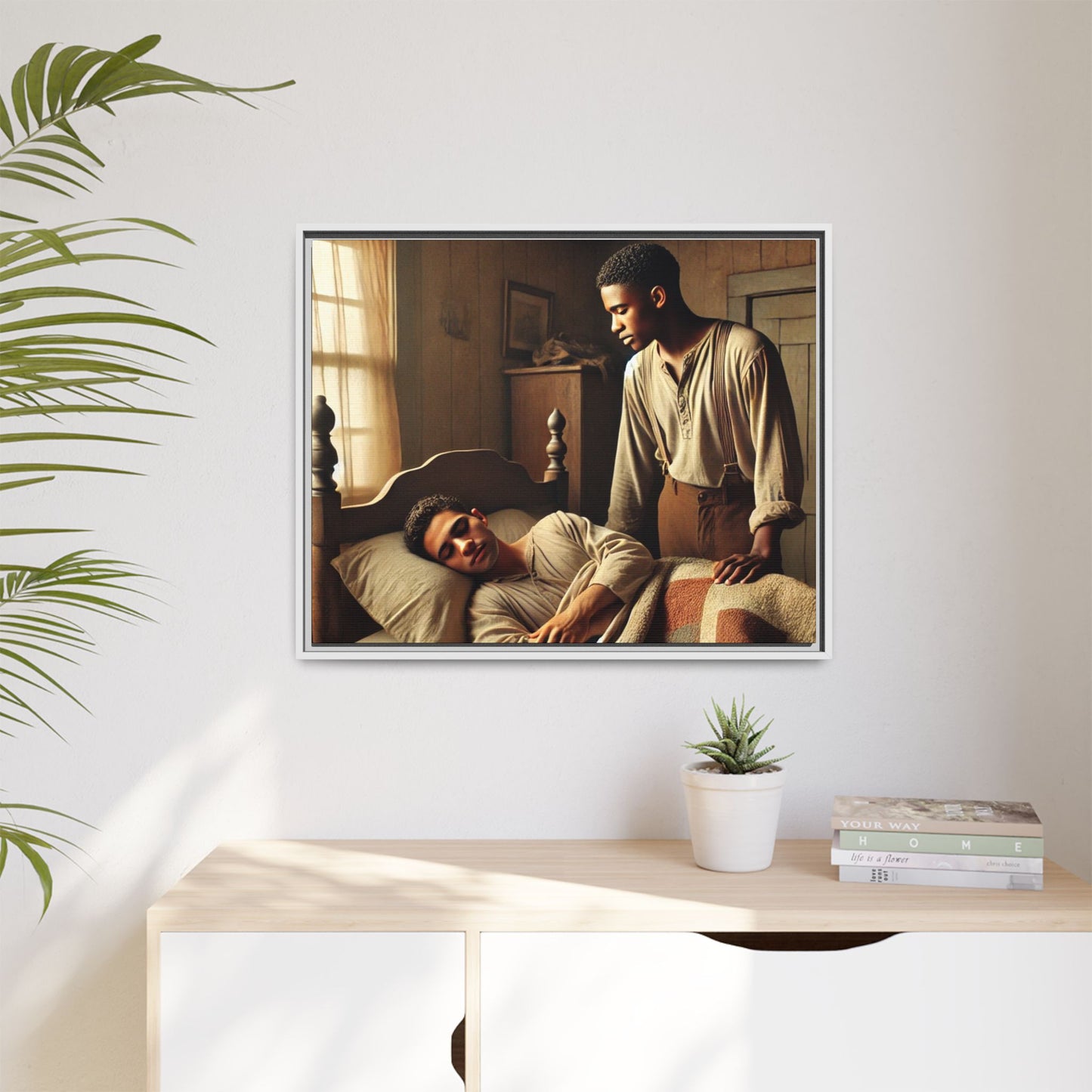 Grant 007 artwork depicting an African-American queer couple in a tender, intimate moment within a rustic bedroom. This scene, bathed in warm, nostalgic light, captures the love and quiet resilience of rural life, celebrating LGBTQ+ representation and African-American heritage.