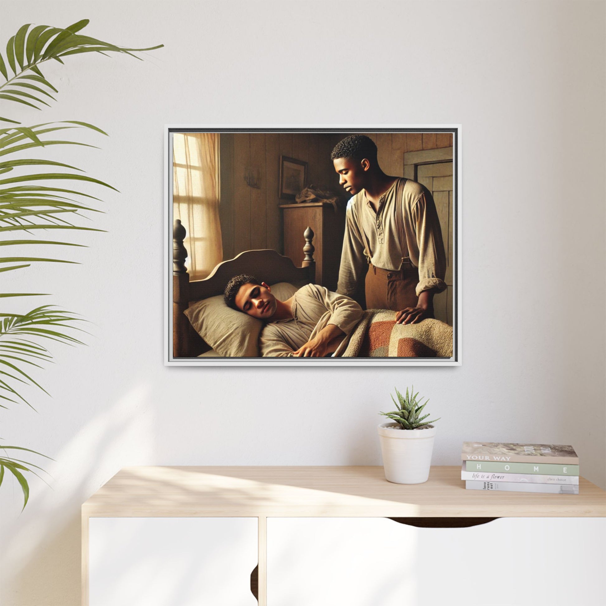 Grant 007 artwork depicting an African-American queer couple in a tender, intimate moment within a rustic bedroom. This scene, bathed in warm, nostalgic light, captures the love and quiet resilience of rural life, celebrating LGBTQ+ representation and African-American heritage.