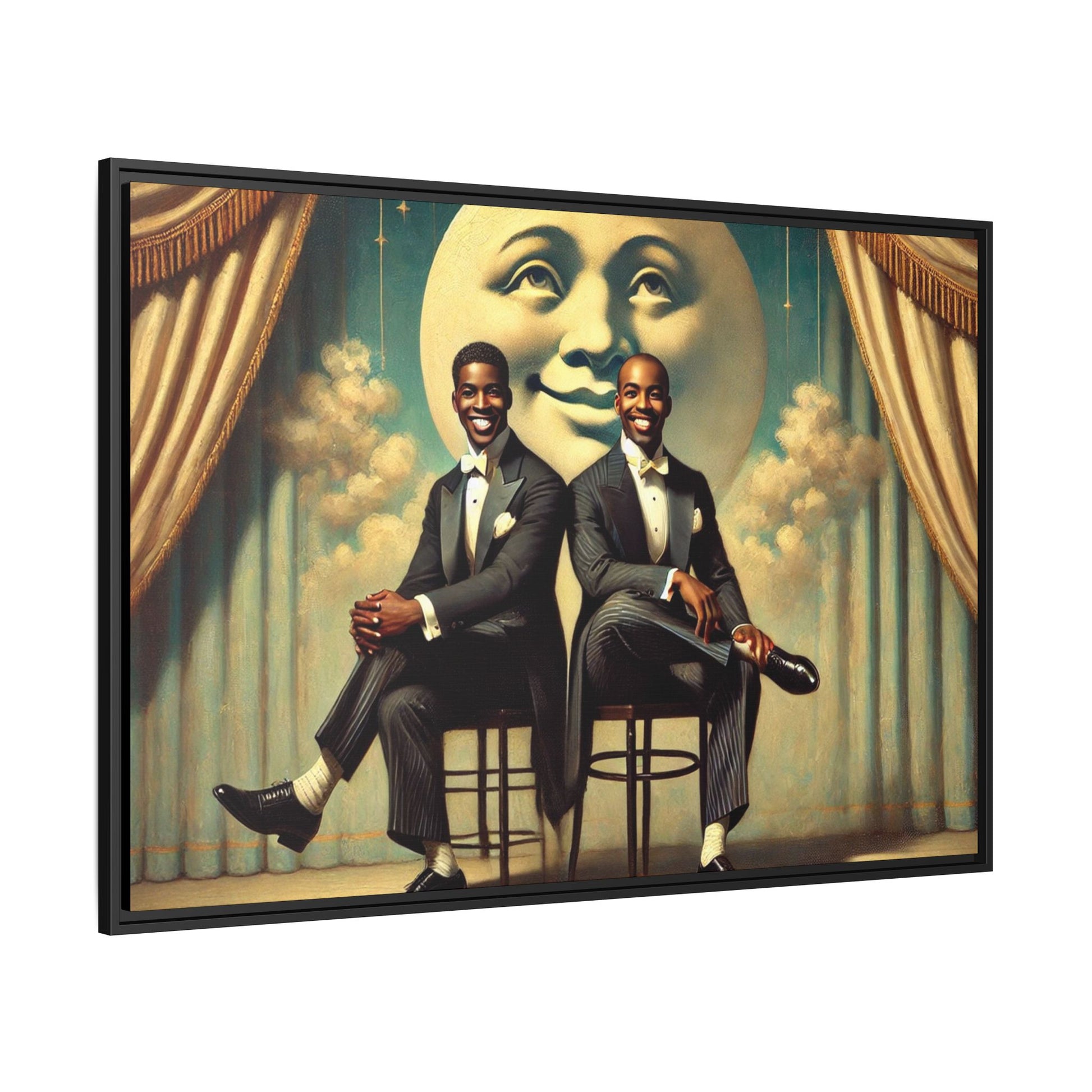 Framed vintage-style portrait of two Black men in tuxedos seated under a smiling crescent moon prop with golden curtains and cloud backdrop. This restored matte canvas honors lost LGBTQ history and reclaims early 20th-century queer representation with pride.