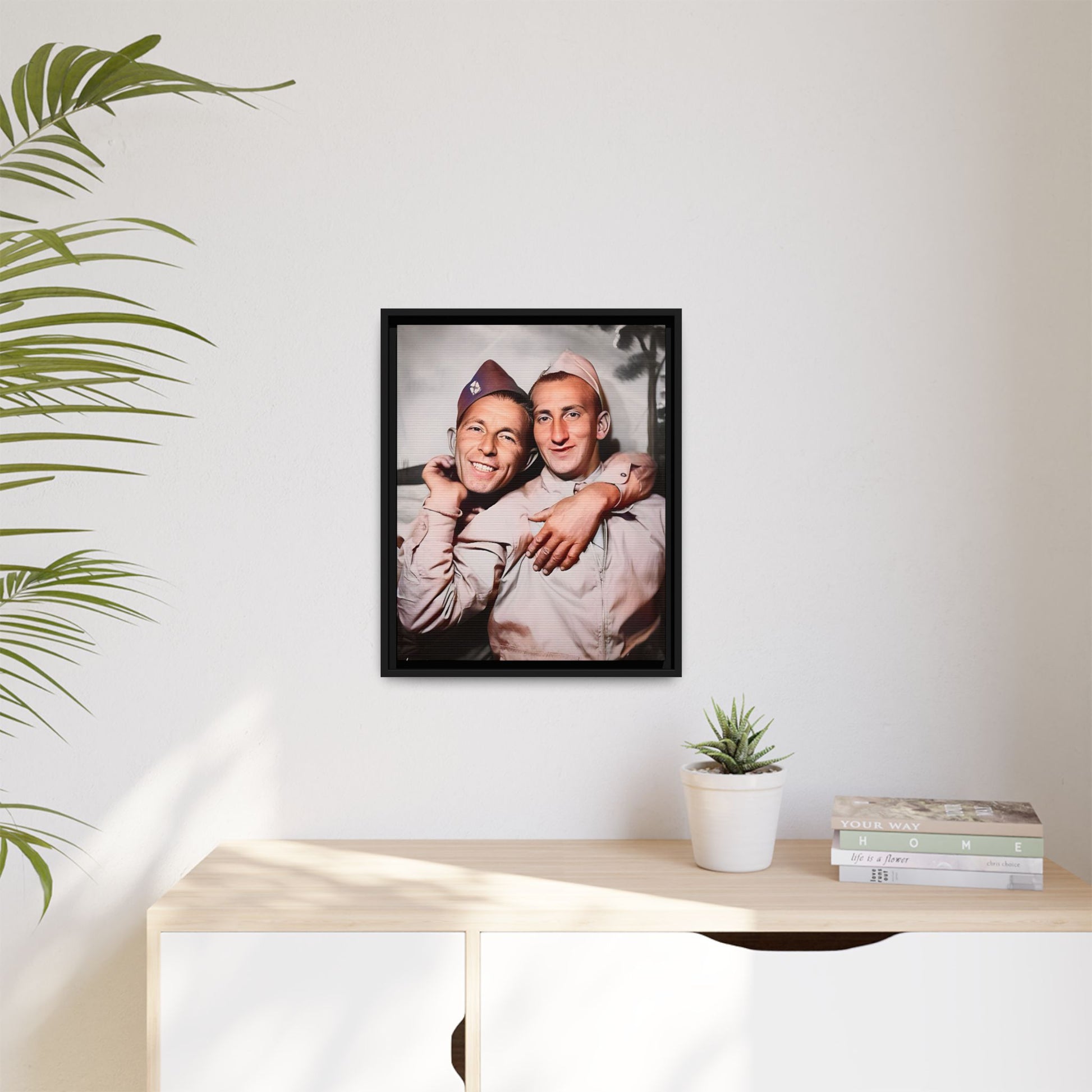 A framed vintage photo on matte canvas featuring a heartfelt portrait of a military couple at Fort Jackson, South Carolina, celebrating love and resilience in history.