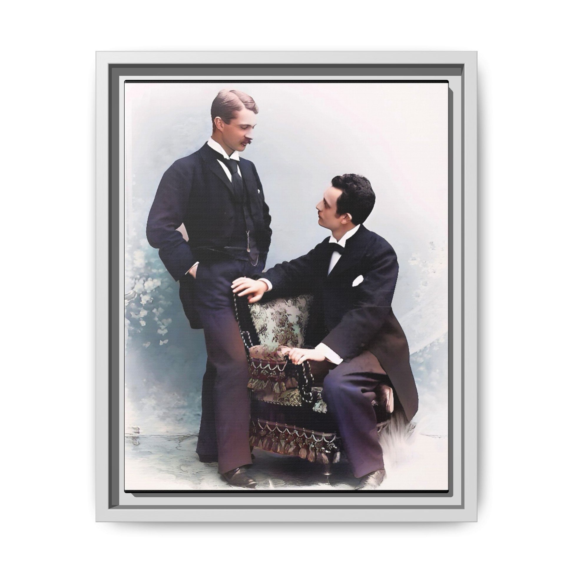 A beautifully restored vintage portrait of Ernest & Richard in Wilmington, North Carolina, exuding elegance and deep connection. Dressed in refined suits, their poised expressions capture a timeless LGBTQ+ love story, making this framed matte canvas print a stunning historical art piece for collectors and enthusiasts.