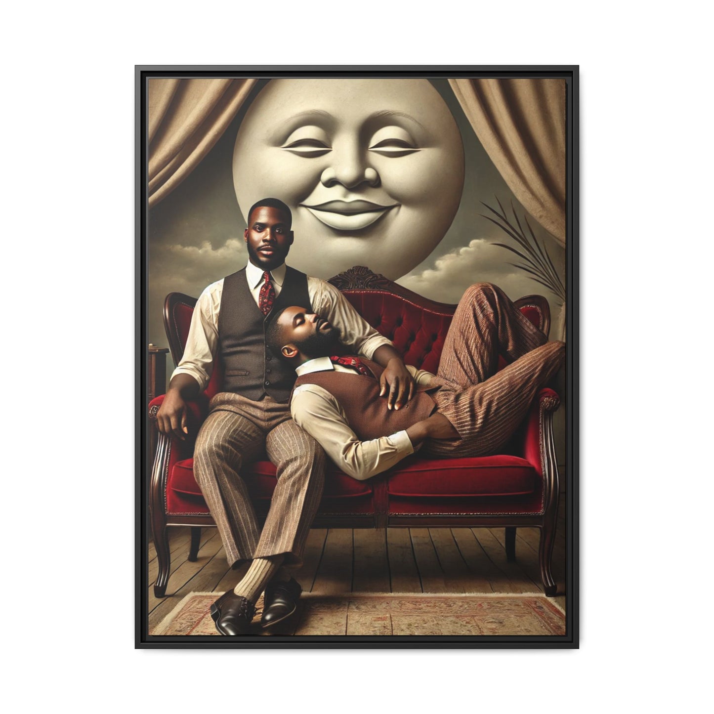 Vintage-style artwork of two Black men in 1920s clothing sitting and reclining together on a red velvet couch beneath a smiling full moon. The scene reclaims queer Black history and affection once lost to bias and invisibility.