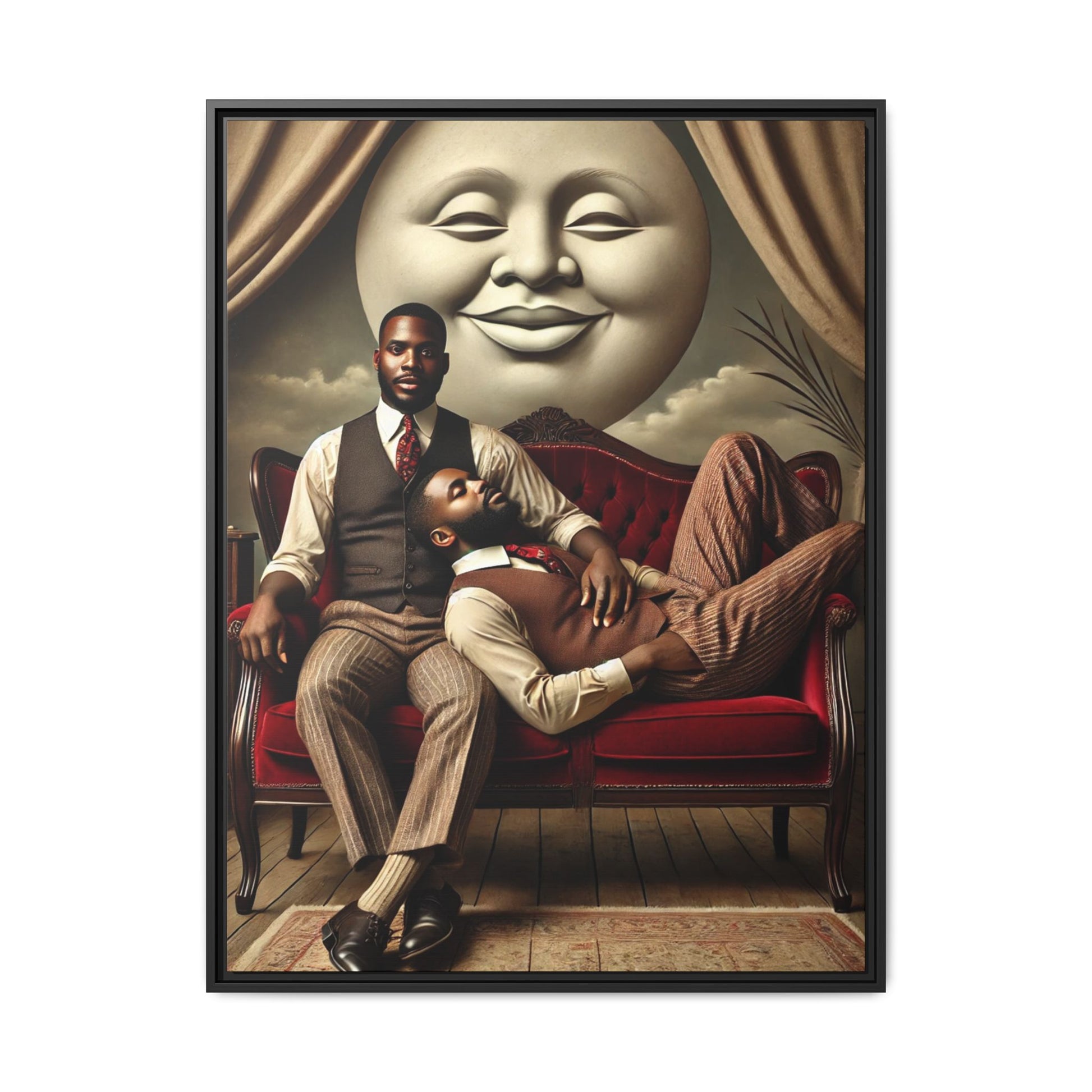 Vintage-style artwork of two Black men in 1920s clothing sitting and reclining together on a red velvet couch beneath a smiling full moon. The scene reclaims queer Black history and affection once lost to bias and invisibility.