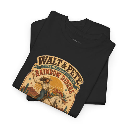 Cowgirl riding a white speckled unicorn on a vintage Western shirt