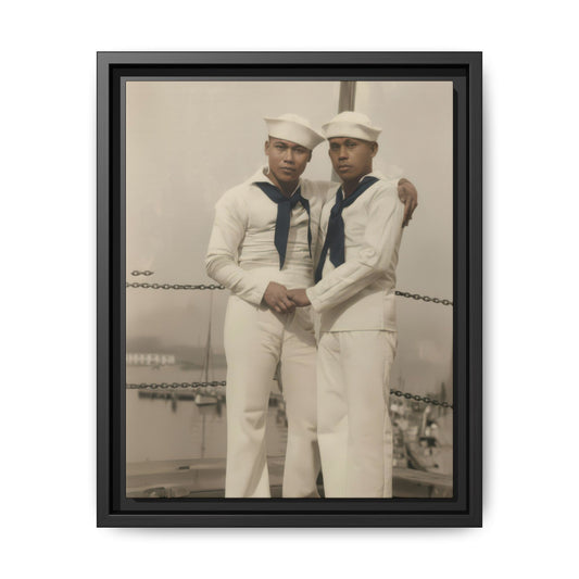 Vintage double portrait of two sailors in white uniforms standing together on a ship deck with harbor in background