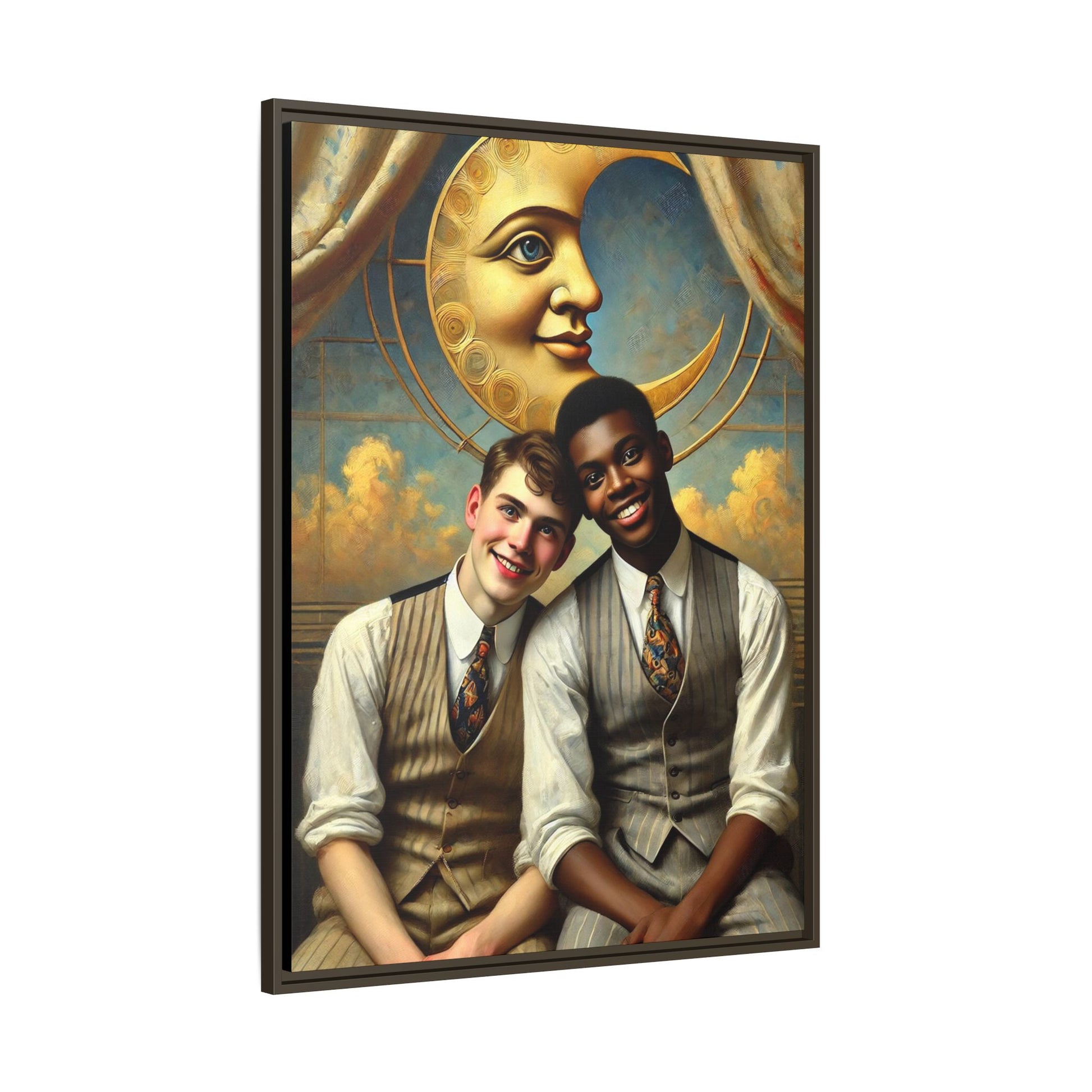 A vintage-style artwork showing a young interracial gay couple in 1920s attire sitting beneath a golden crescent moon with a serene expression. Their joyful closeness reclaims erased queer history and reflects the beauty of interracial love through a lens of tenderness and celebration.