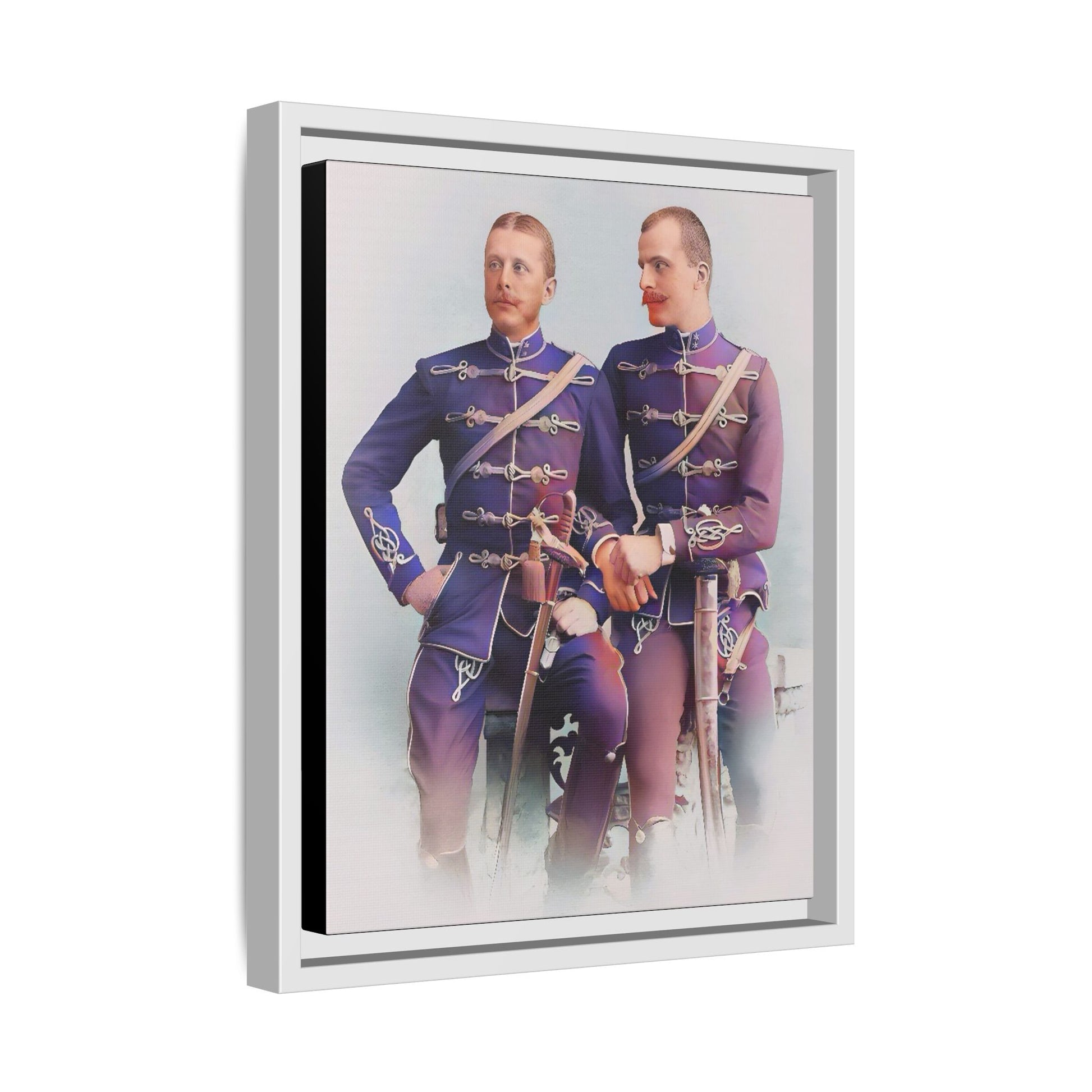 A restored vintage military portrait of Nicolae & Valeriu, elegantly framed to honor LGBTQ+ history and love.