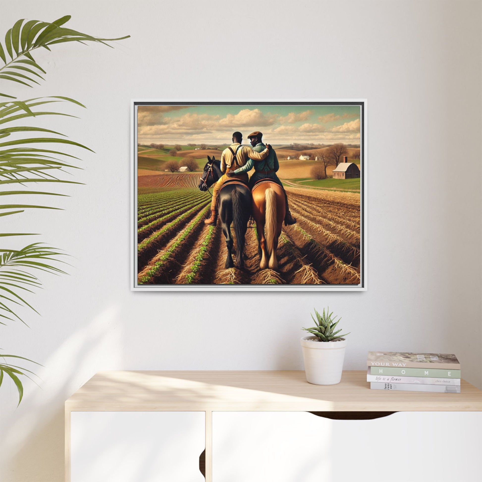 Artwork of an African-American gay couple riding horseback through expansive farmland, sharing a tender moment as they overlook lush fields. Dressed in rugged vintage attire, this scene captures resilience, love, and the charm of rural life, celebrating LGBTQ+ history and African-American heritage.