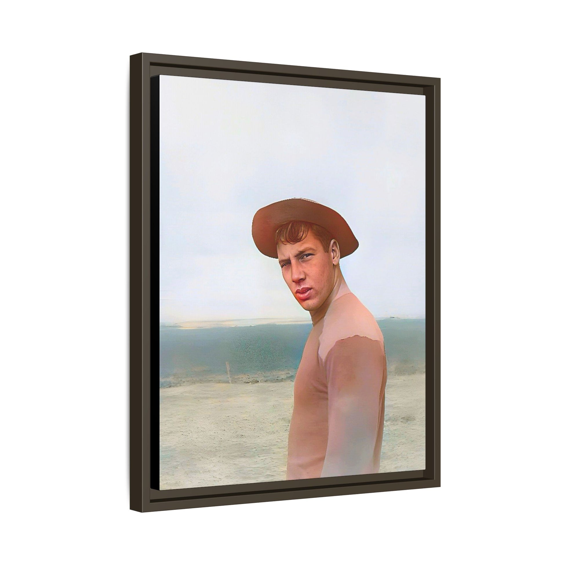A framed vintage portrait on matte canvas featuring Victor at Cannon Beach, Oregon, capturing the rugged beauty of coastal life.