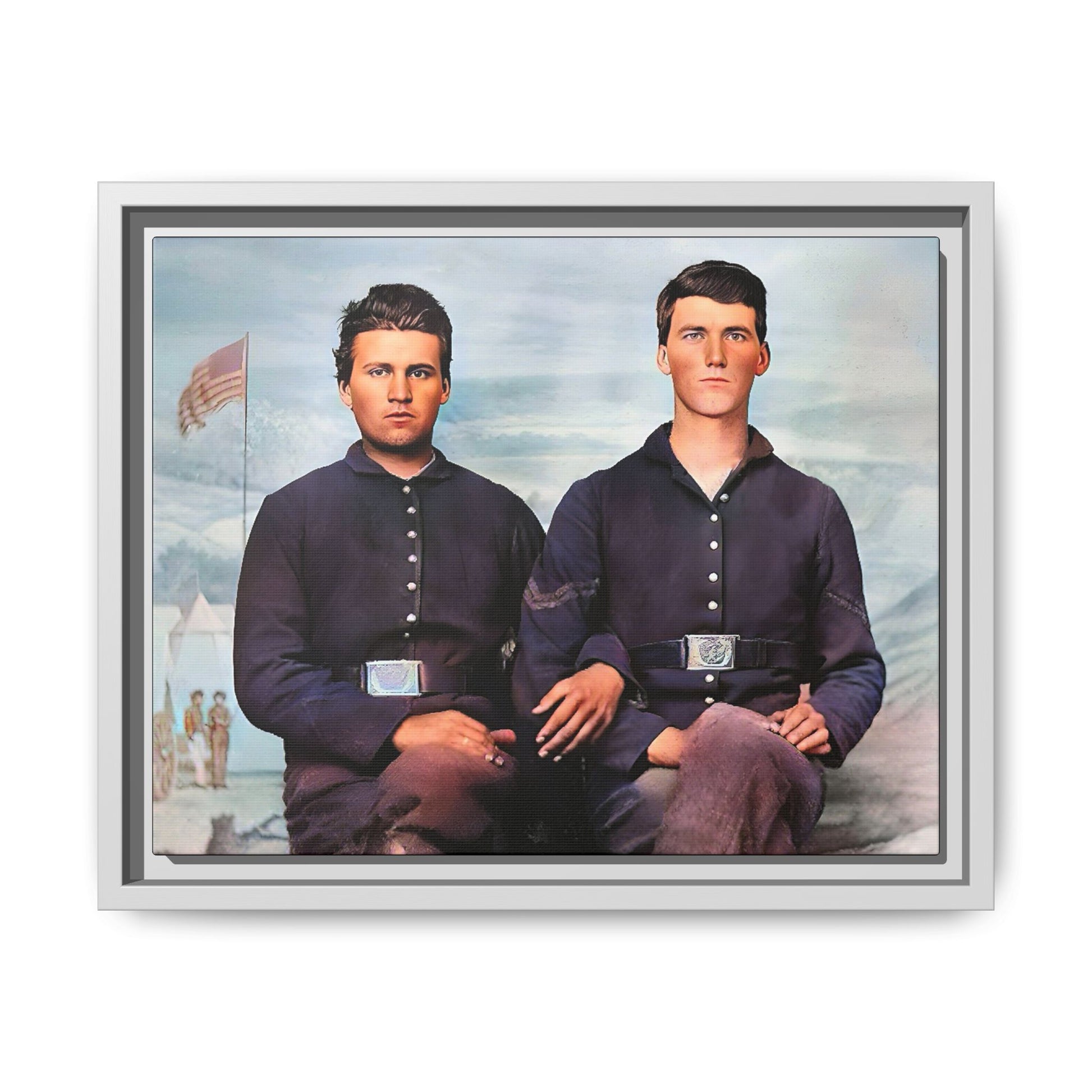 A framed vintage Civil War photo on matte canvas featuring two Union soldiers at Camp Curtin, honoring military history. Gay Couple
