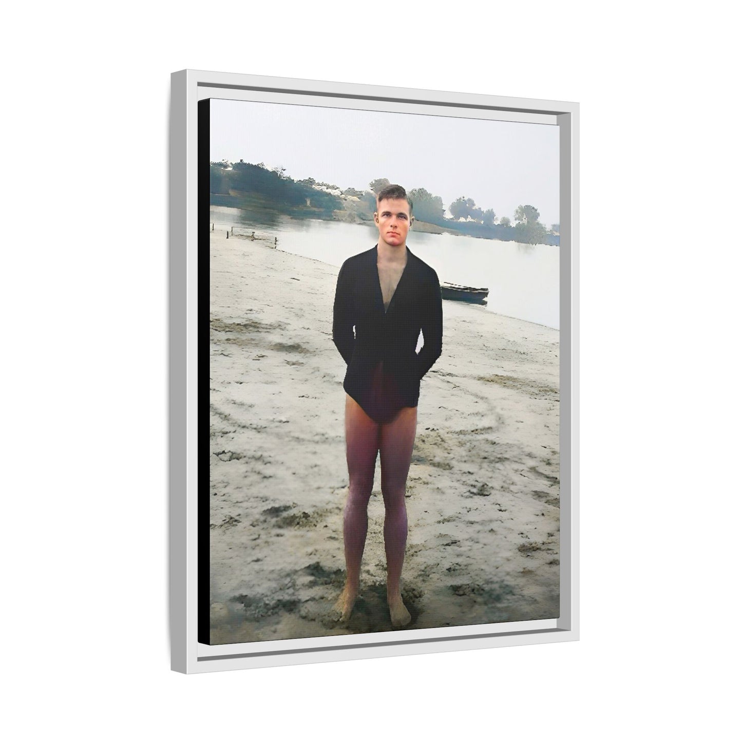 A framed vintage lake portrait on matte canvas featuring Ben at Lake Chicot, Arkansas, capturing solitude, nature, and timeless reflection.