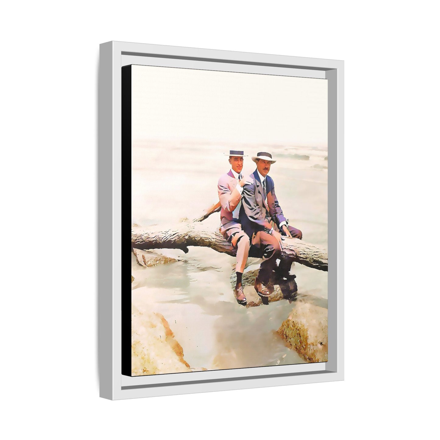 A restored vintage riverside portrait of Edward & Walter in Danbury, Connecticut. This framed matte canvas honors LGBTQ+ history, elegance, and timeless companionship. Gay Couple