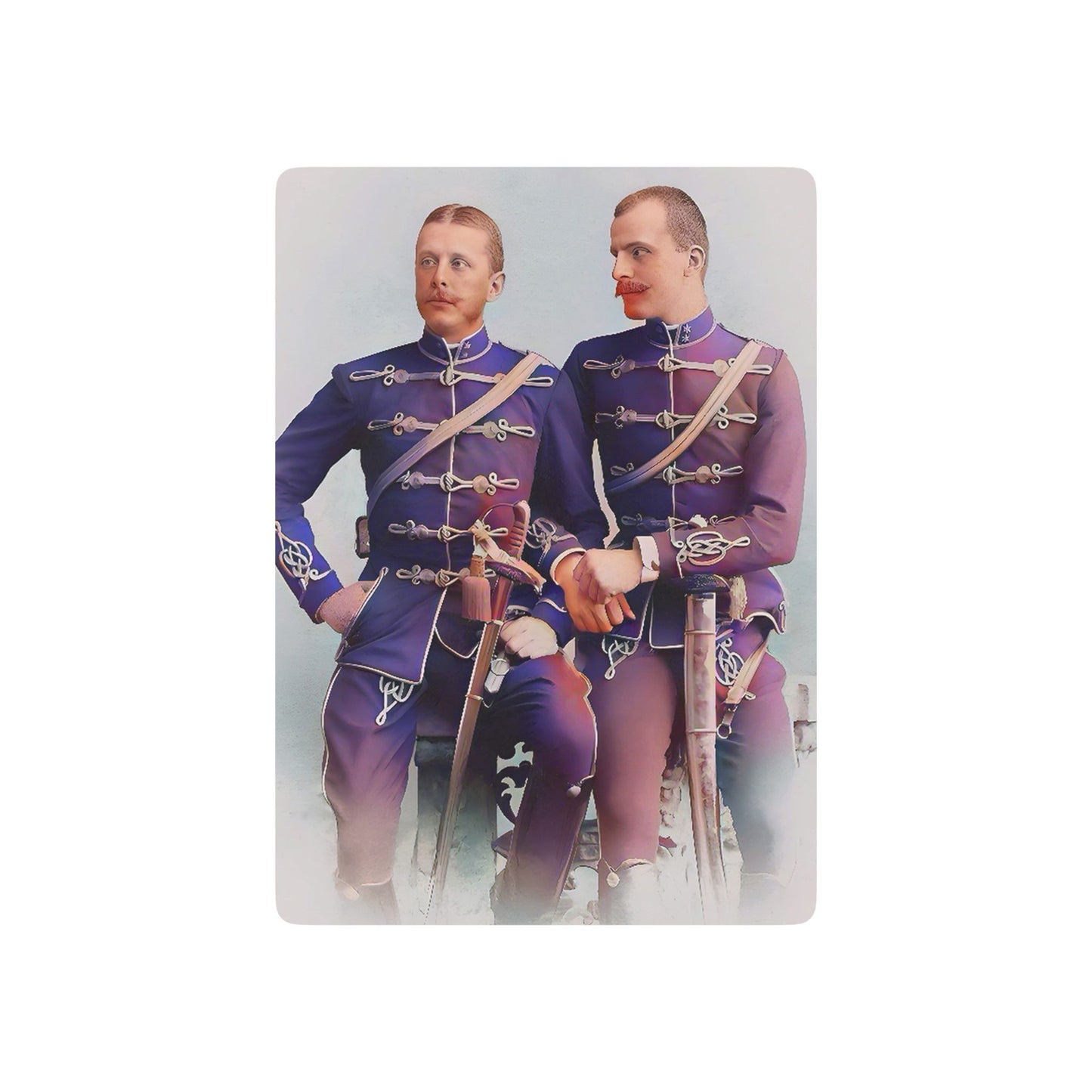 Vintage photo of two military officers in regal uniforms, their hands subtly intertwined, symbolizing Queer love and resilience.