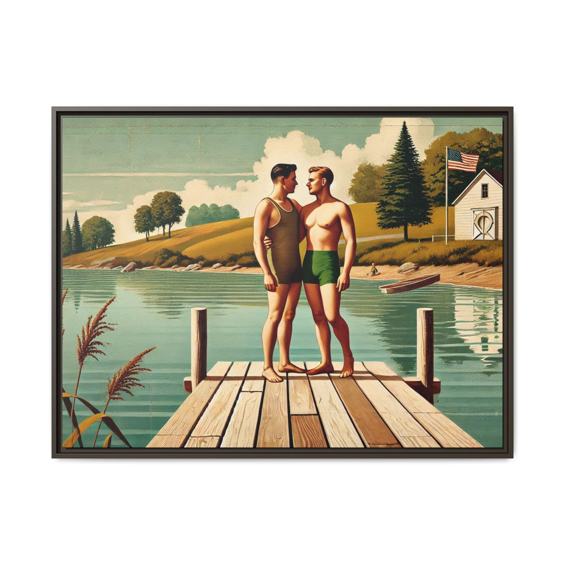 Framed artwork of a gay couple sharing a tender moment on a wooden dock by a peaceful lake, dressed in vintage swimwear. Set against rolling hills and a lakeside cabin, this nostalgic scene honors LGBTQ+ love in a serene Midwestern summer setting.