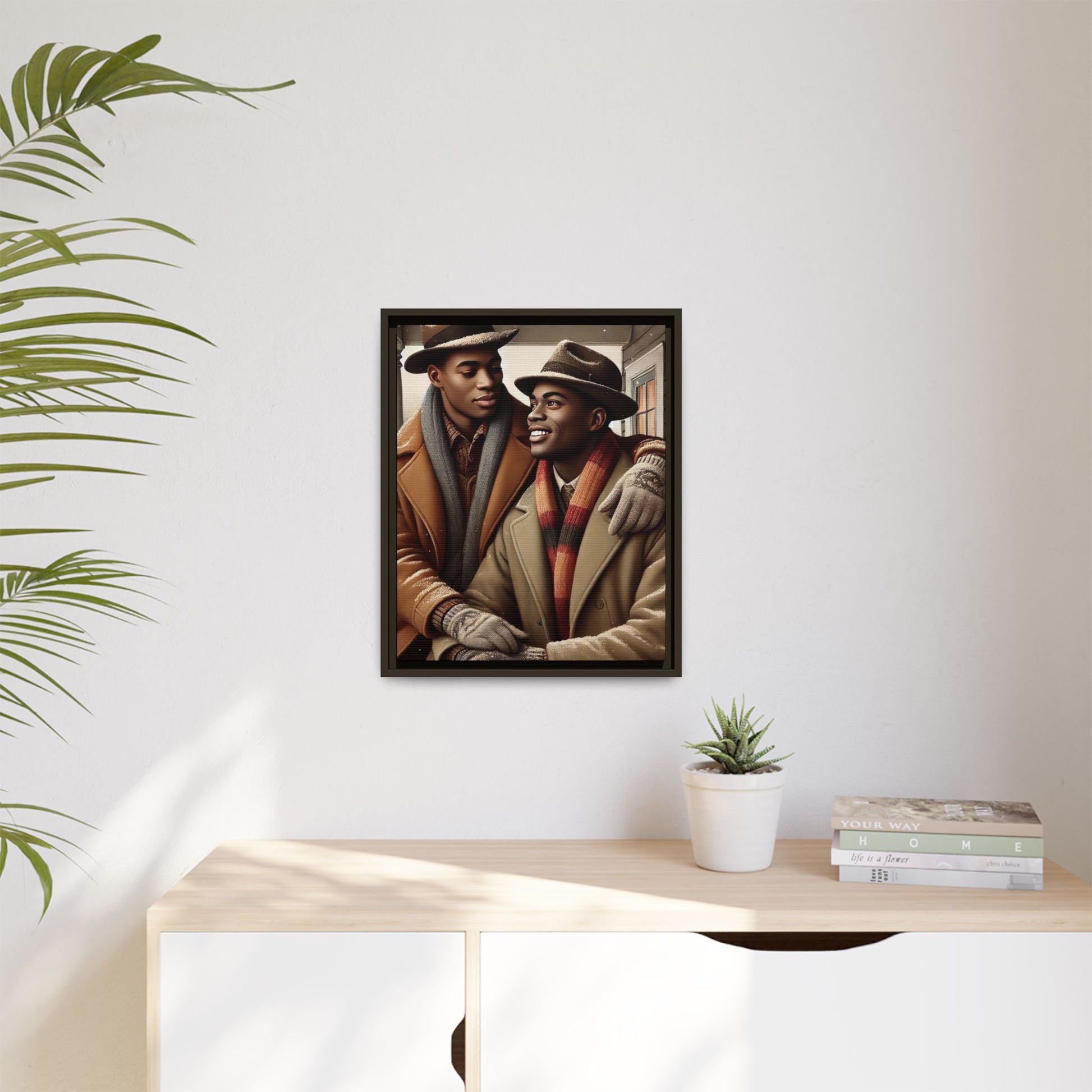 Artwork of an African-American gay couple sharing a cozy winter moment on a porch. Dressed in vintage winter attire with fedoras, scarves, and warm coats, they exchange affectionate gazes amidst softly falling snow, capturing love, warmth, and intimacy in a nostalgic winter setting.