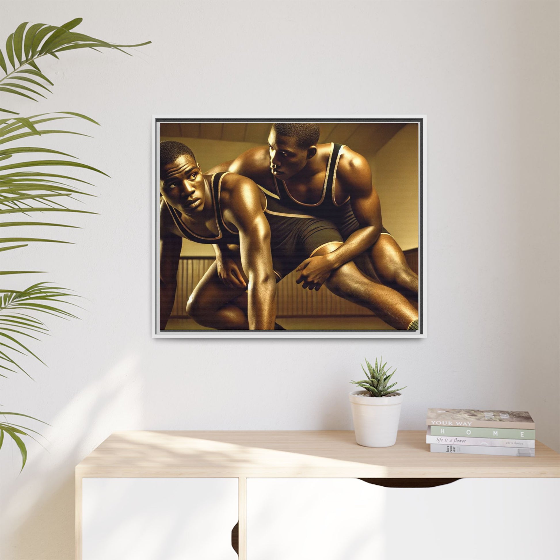Framed artwork inspired by Grant Wood, showcasing African-American wrestlers in a vintage gymnasium setting. A powerful tribute to teamwork, resilience, and regionalist art.