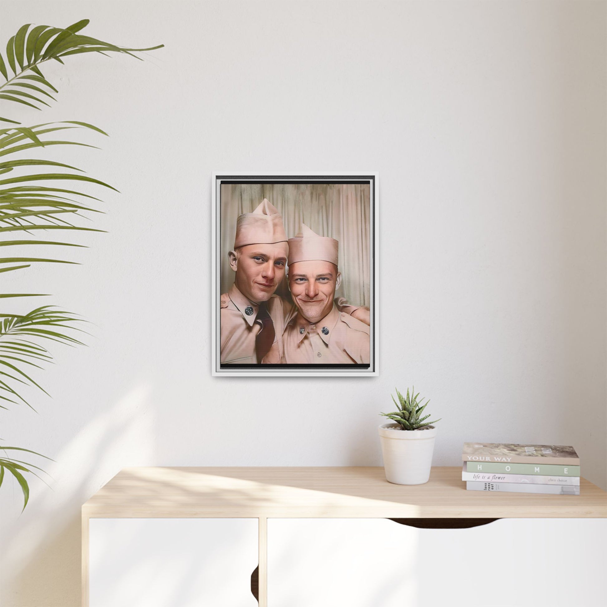 A framed vintage army portrait on matte canvas featuring two soldiers at Puget Sound Naval Shipyard, symbolizing friendship and service. Gay Couple Photo Booth