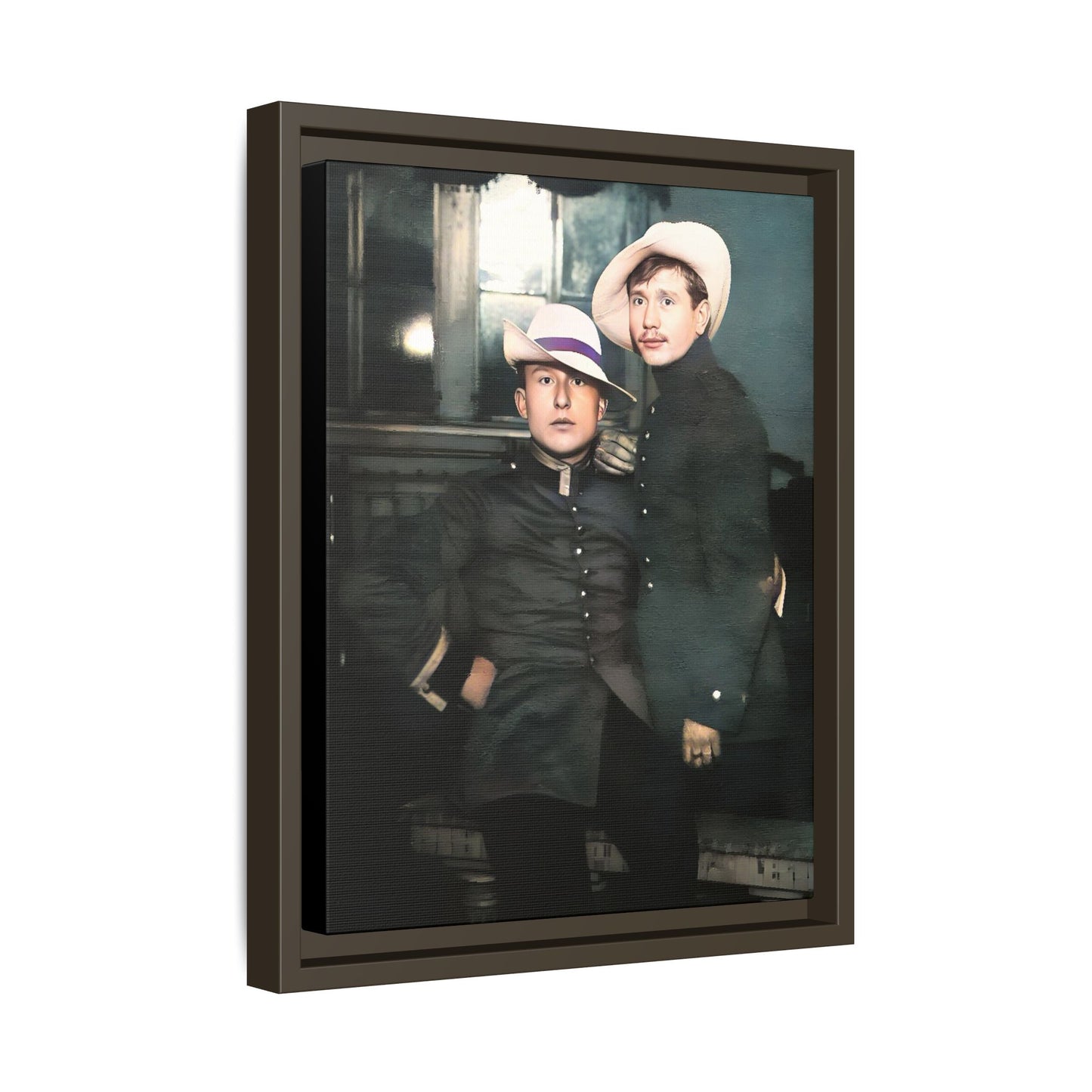 Restored vintage photograph of Flavio and Eustolio, an early 20th-century Gay military couple from El Paso, Texas. Displayed as a framed matte canvas print, showcasing timeless love and resilience