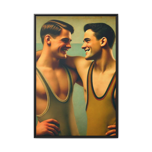 Framed artwork of two young wrestlers in vintage singlets sharing a candid moment, inspired by Grant Wood's Regionalist art style.
