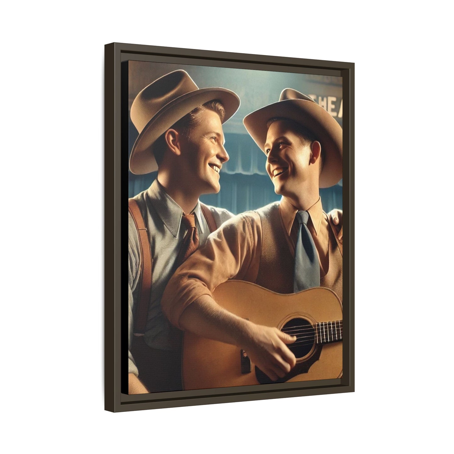 Artwork of a gay couple recording a country-western song in a 1930s-style studio. Dressed in classic Western attire with wide-brimmed hats and button-up shirts, the two men share an affectionate gaze, capturing love and unity in a nostalgic, vintage setting.