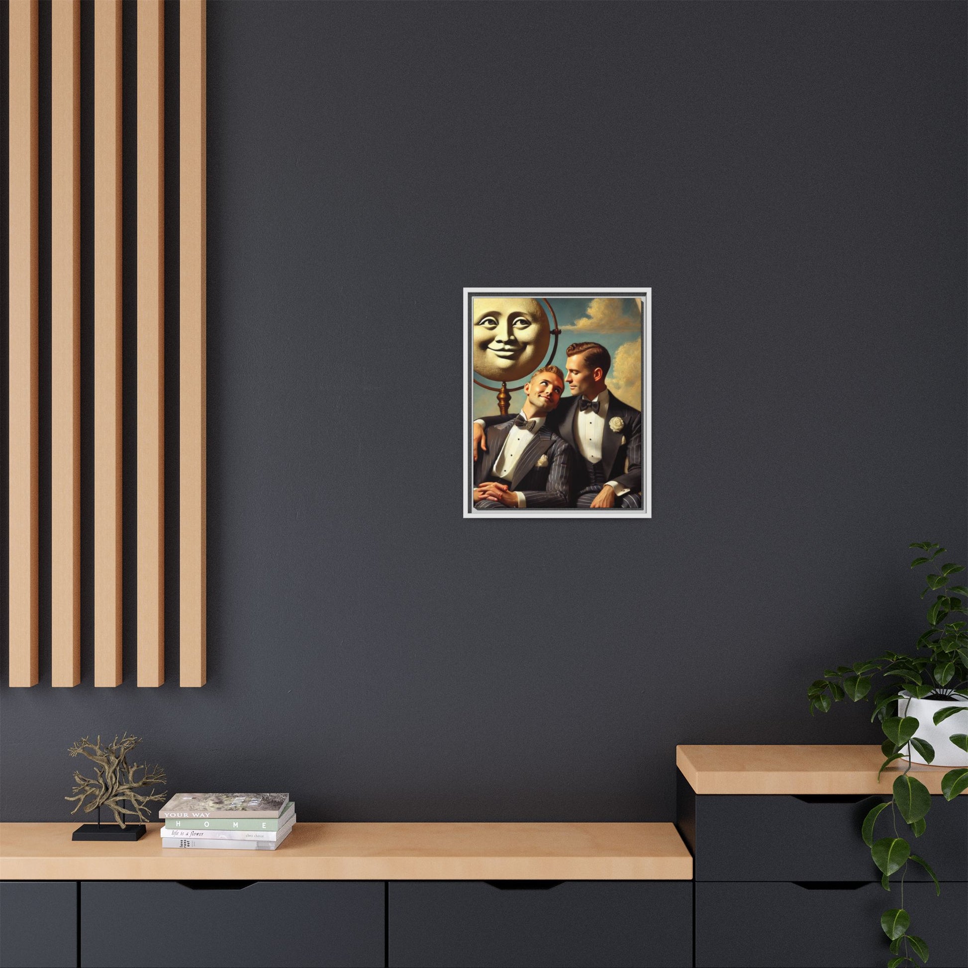 Framed matte canvas portrait featuring two young men in vintage overalls with a crescent moon prop above them. This artwork from the Missing Art Studies series reclaims LGBTQ+ imagery that may have been lost to bias, presenting warmth, intimacy, and presence.