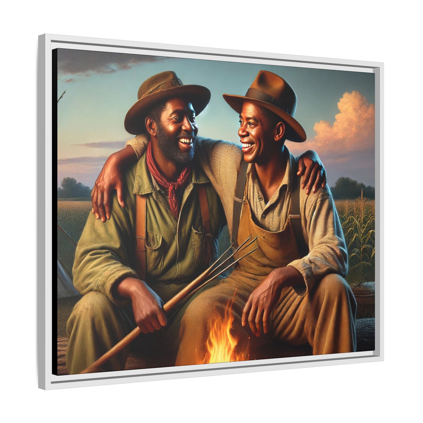 Artwork of an older African-American queer couple sharing a warm, joyful moment by a campfire in rural Iowa. Set against vast fields and an open sky, the scene captures love, resilience, and the nostalgic beauty of Americana, with firelight illuminating their laughter and companionship