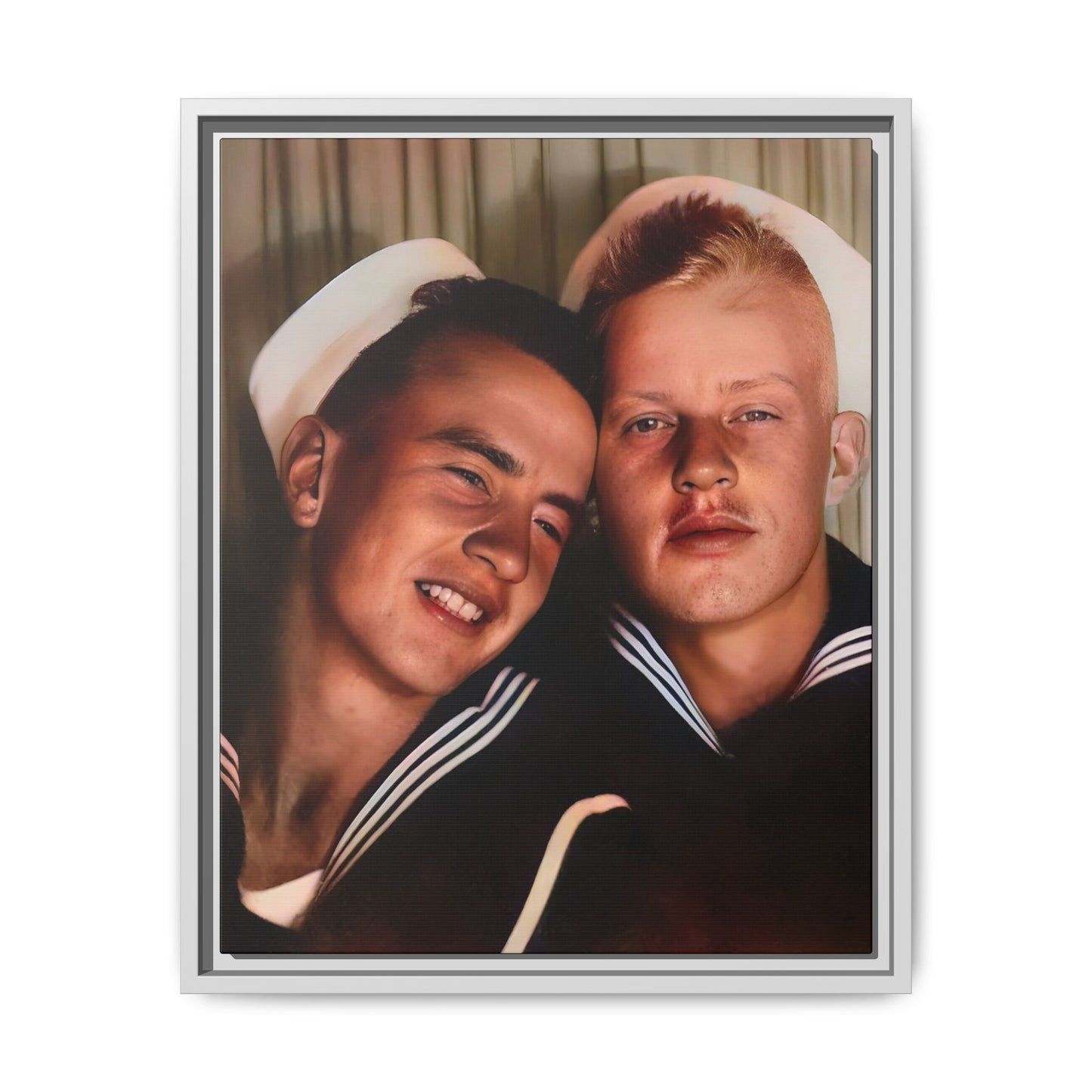 A framed vintage sailor portrait on matte canvas featuring Ray and Clyde in Newport, Rhode Island, capturing timeless LGBTQ+ love and companionship. Gay Couple Photo Booth
