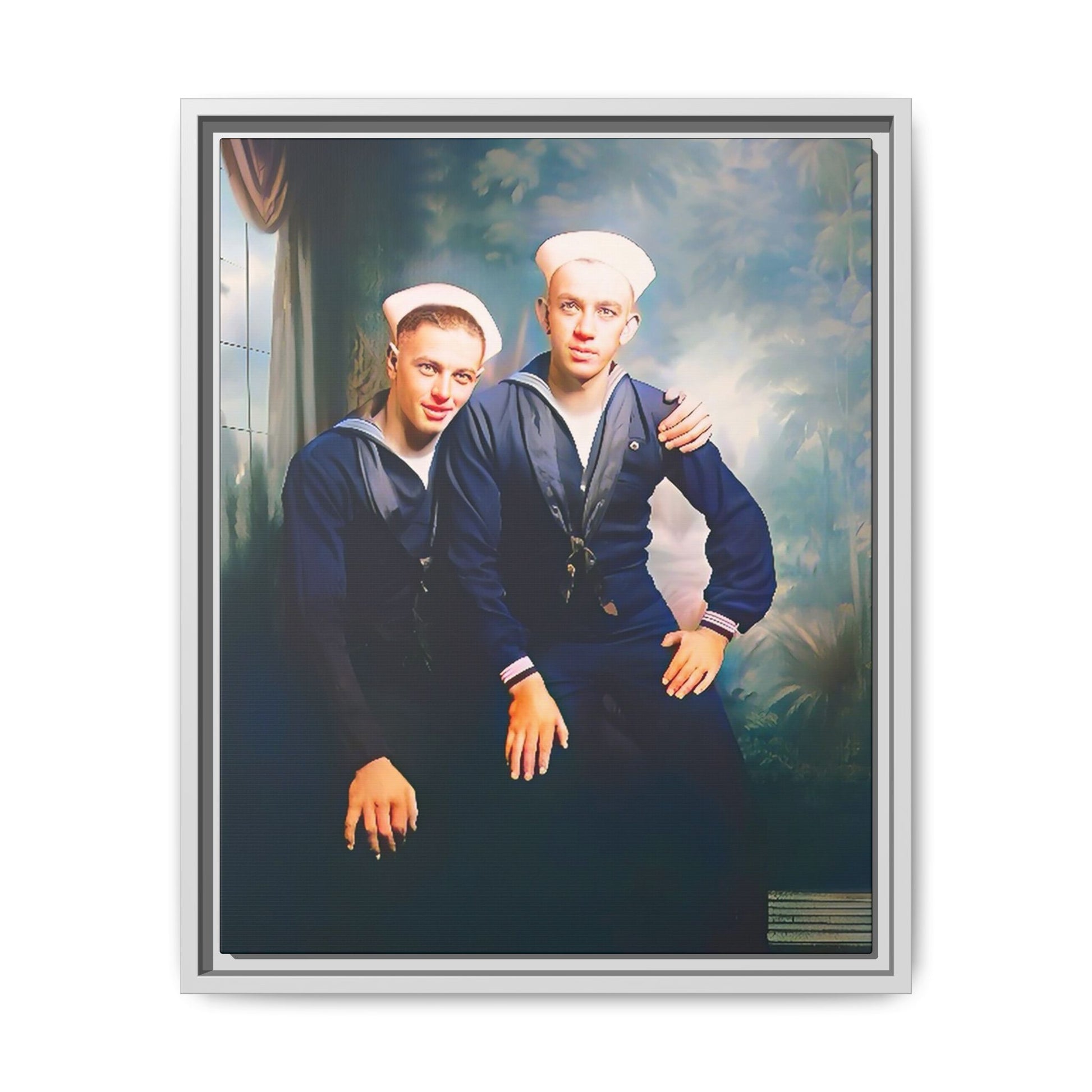 A restored vintage naval portrait of Thomas & Ervin at Naval Station Newport, Rhode Island. This framed matte canvas honors LGBTQ+ history, military service, and timeless camaraderie. Gay Couple