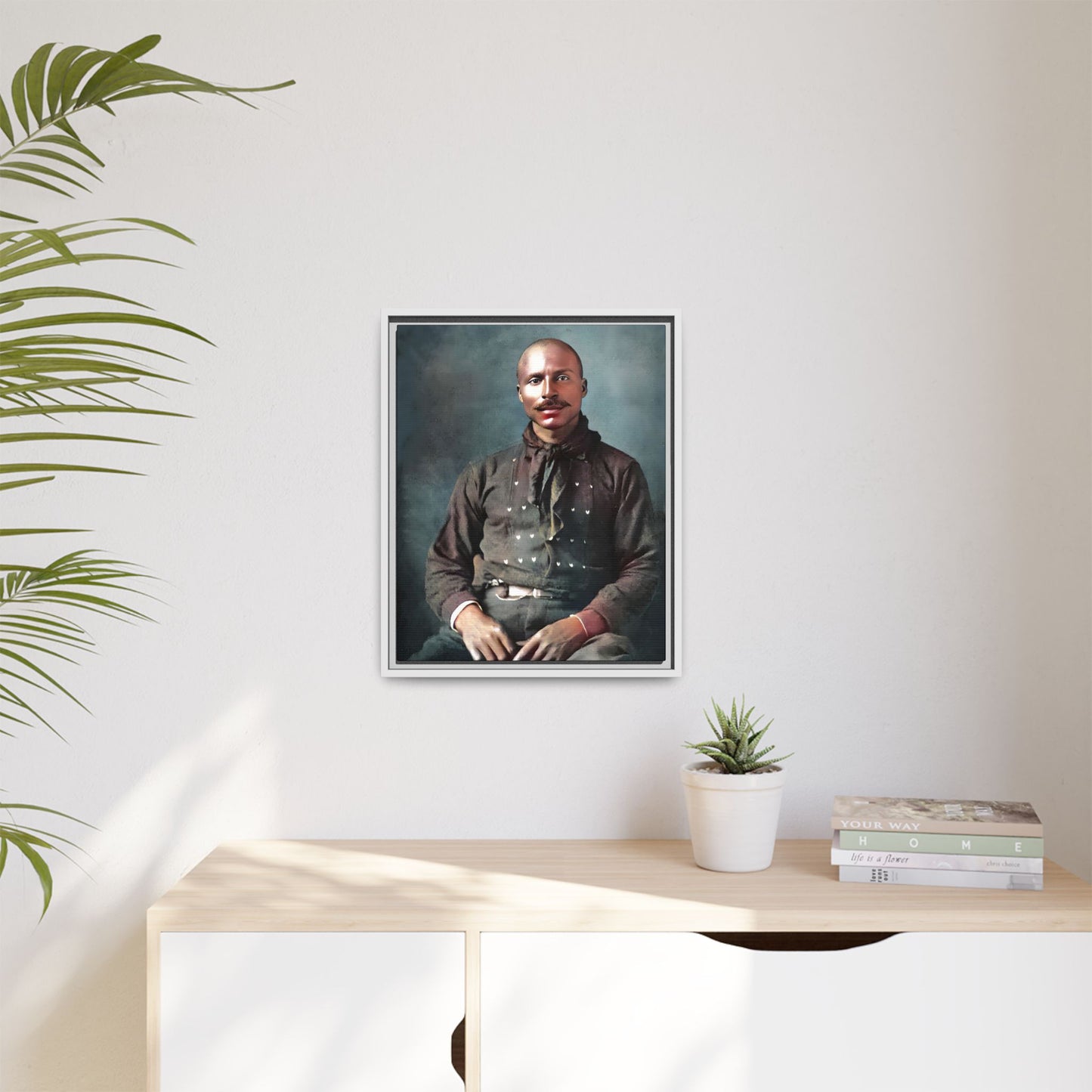 A vintage Western portrait of Jorge, capturing the rugged charm of the Old West in Mesa, Arizona. This framed matte canvas showcases resilience and classic cowboy style, perfect for rustic, Western, or Americana-inspired decor. Hispanic Latino