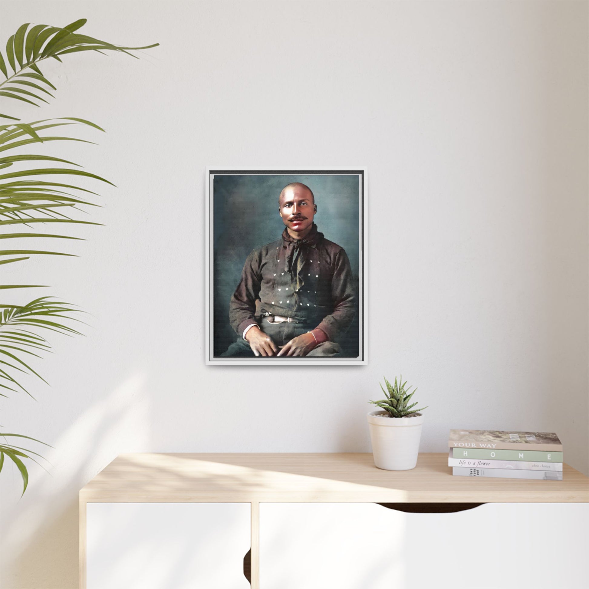 A vintage Western portrait of Jorge, capturing the rugged charm of the Old West in Mesa, Arizona. This framed matte canvas showcases resilience and classic cowboy style, perfect for rustic, Western, or Americana-inspired decor. Hispanic Latino