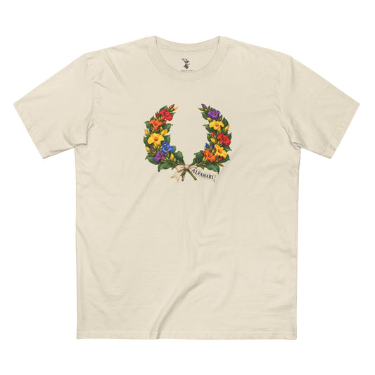 Nigerian costus laurel wreath with flowers in six Pride colors, broad green leaves, crossed stems, and an ivory ribbon reading ALFAHARI.