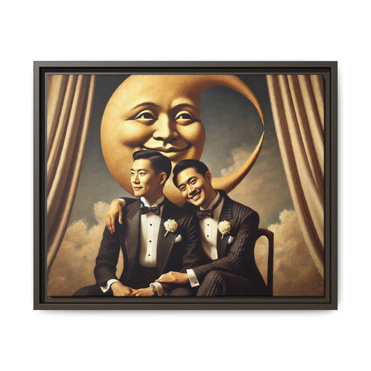 Vintage-inspired artwork of a romantic gay Asian couple in tuxedos sitting affectionately beneath a smiling crescent moon prop, surrounded by vintage stage curtains and dreamy clouds. A reclaimed queer narrative from the Man In The Moon series.